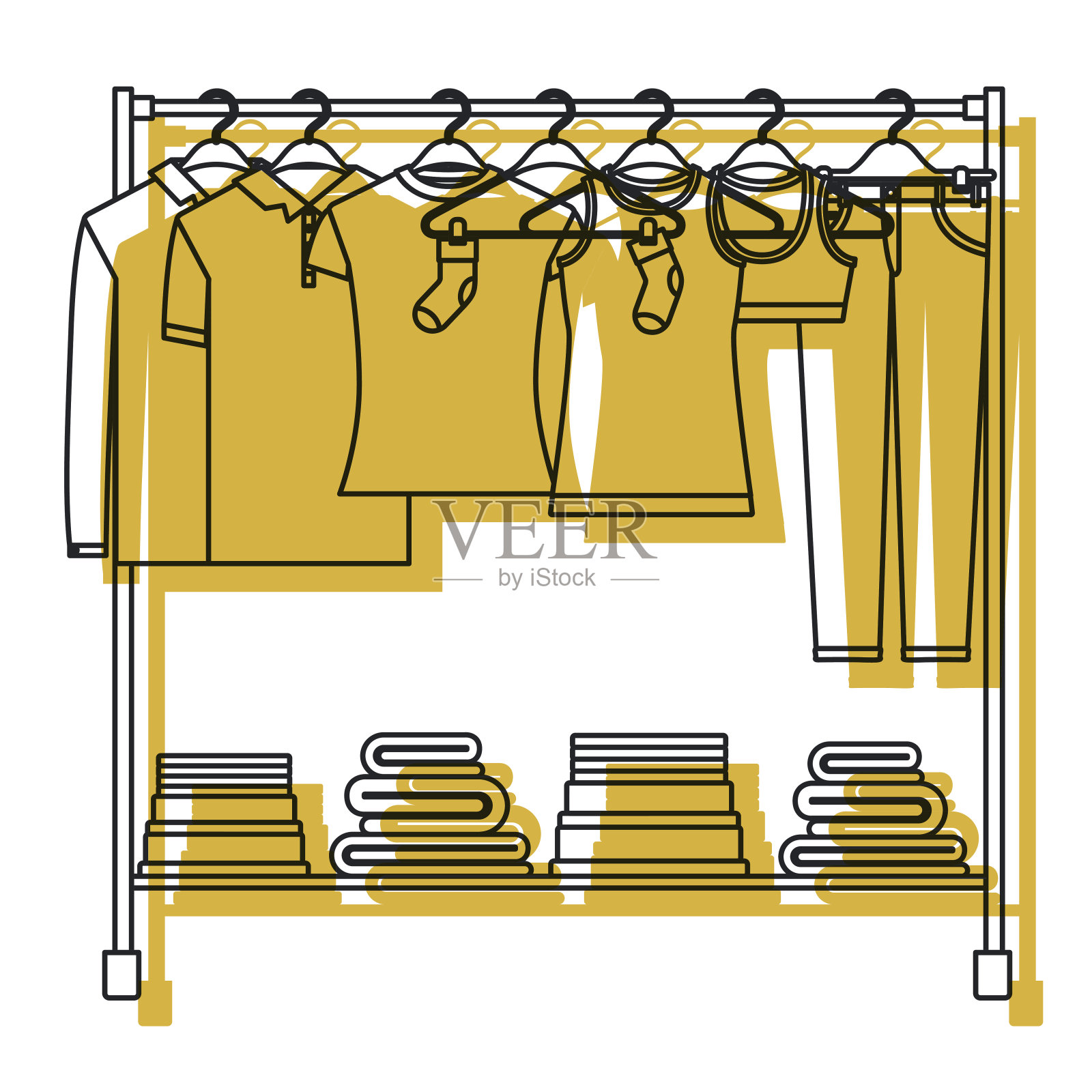 黄色水彩剪影衣架，衣架上有t恤和裤子，底部是折叠的衣服插画图片素材