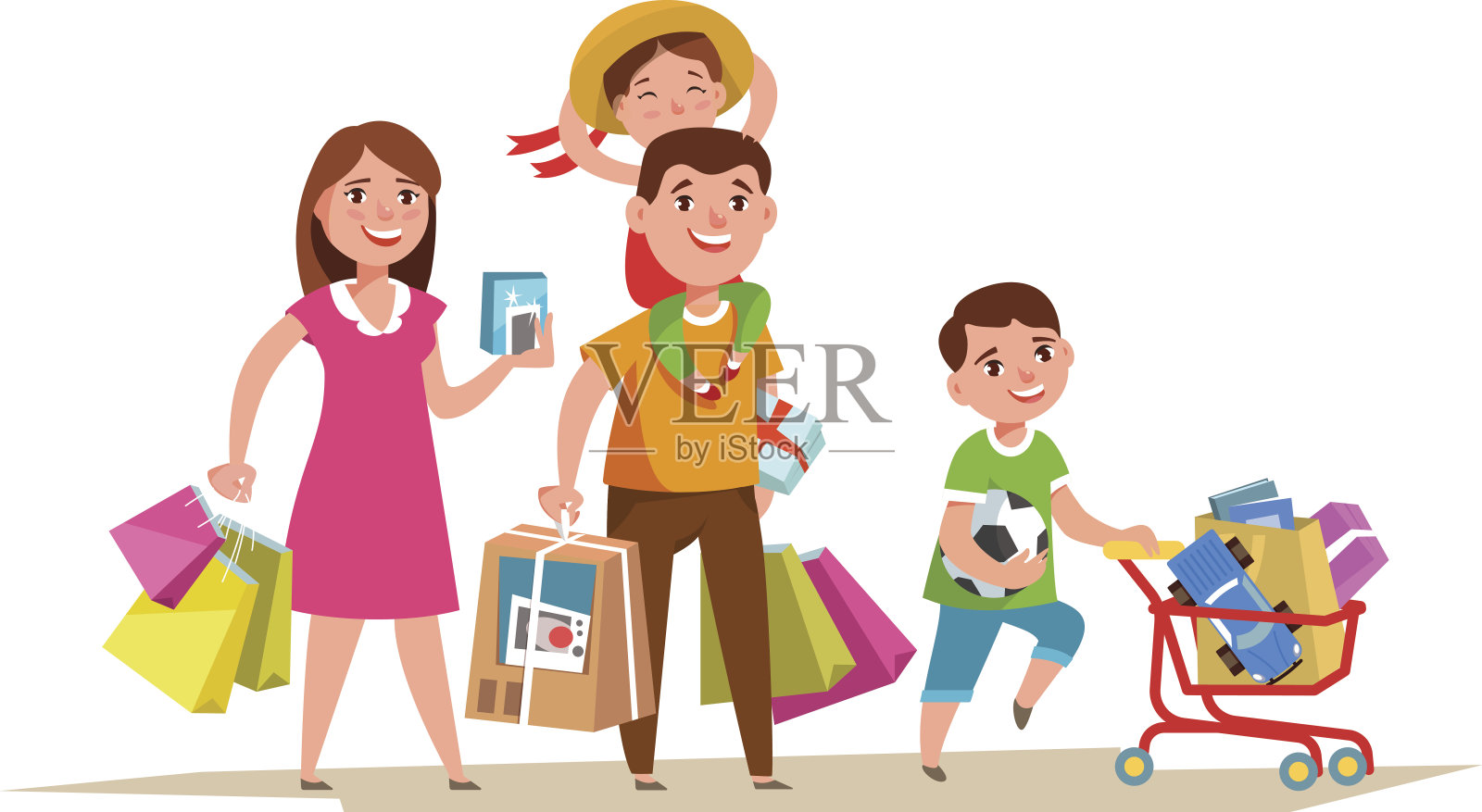 幸福家庭与购物袋插画图片素材
