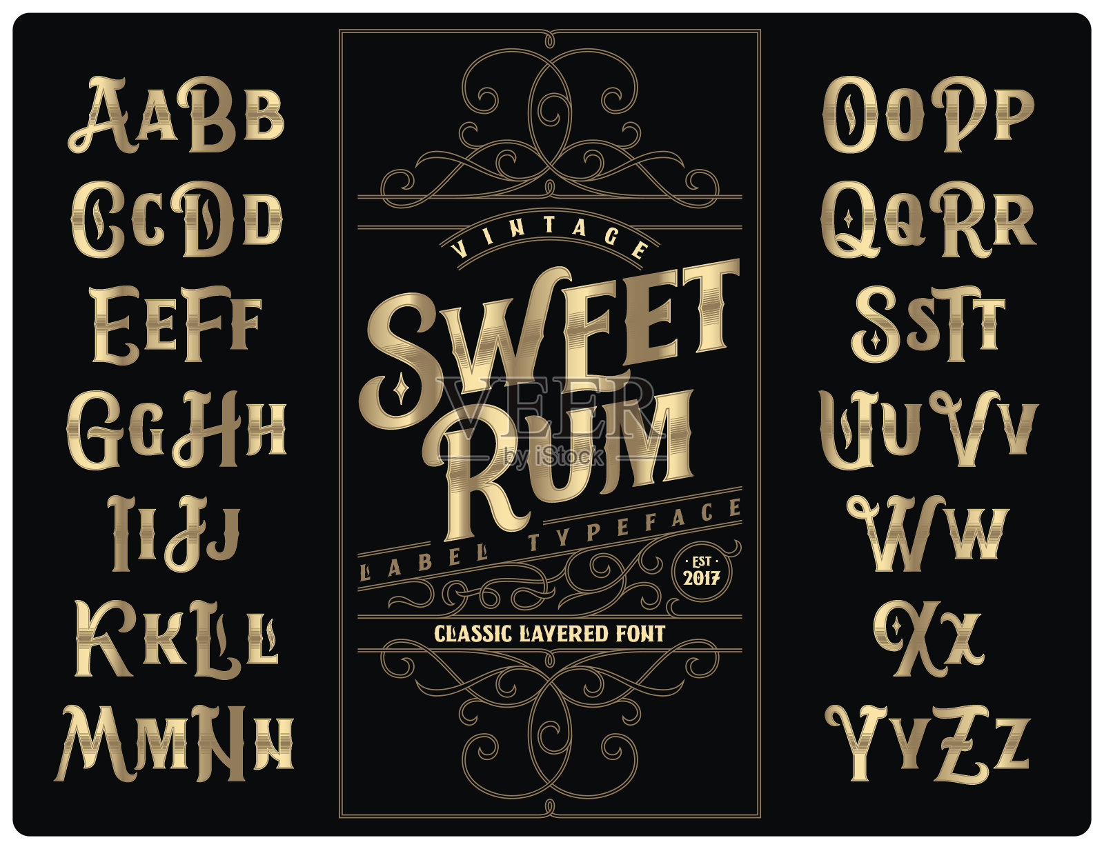 经典复古装饰字体集命名为“甜朗姆酒”与标签设计模板设计元素图片