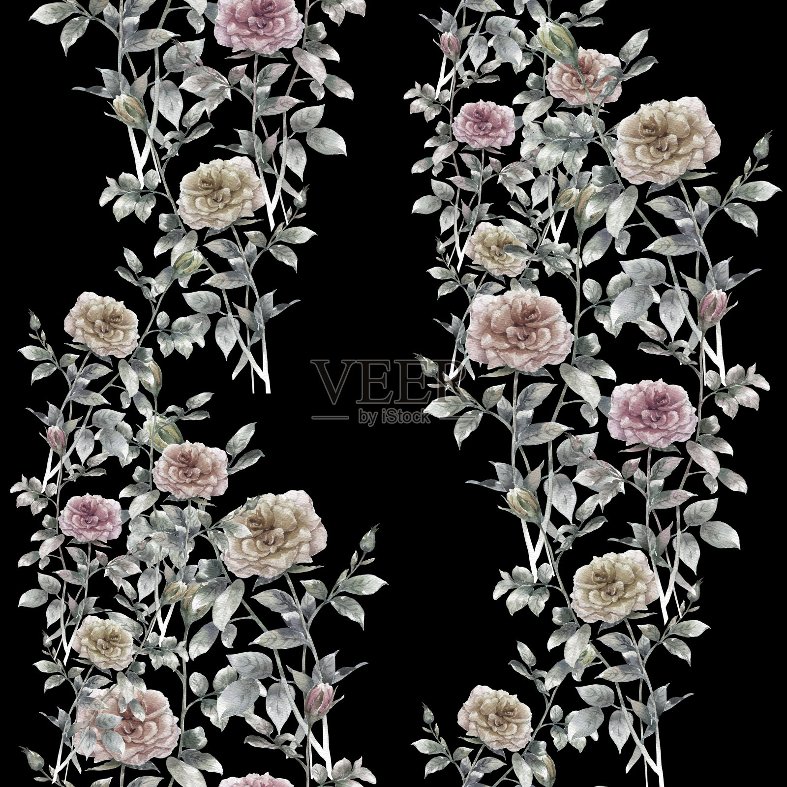 水彩画花，玫瑰，无缝图案上深色背景插画图片素材