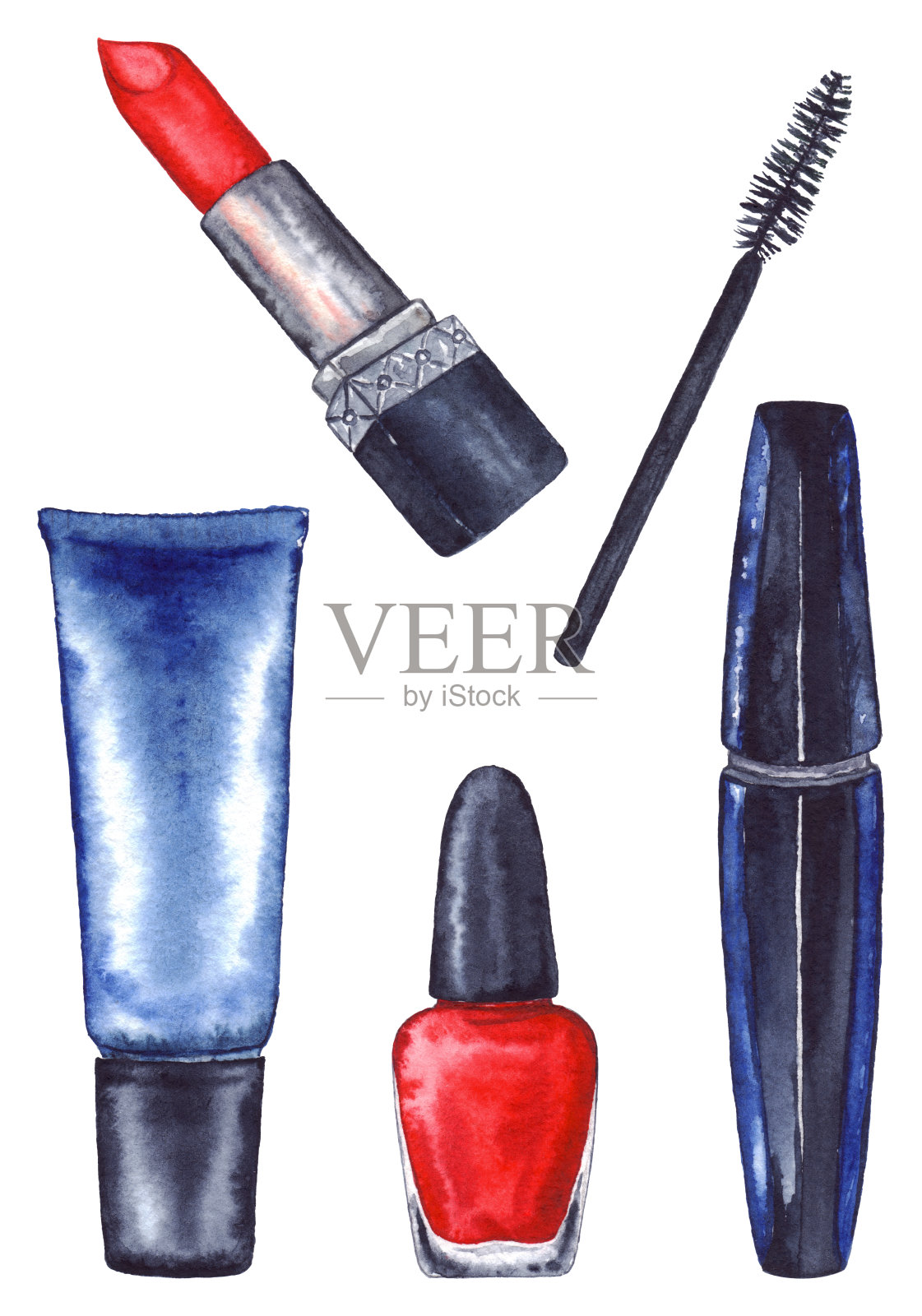水彩女性的睫毛膏和乳膏筒与红色唇膏和指甲油的美甲化妆品化妆集隔离插画图片素材