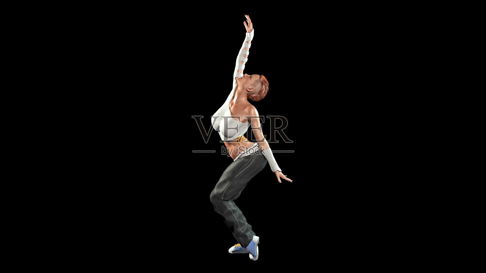 红发舞者，短发女孩在黑色背景上跳舞，3D渲染照片摄影图片