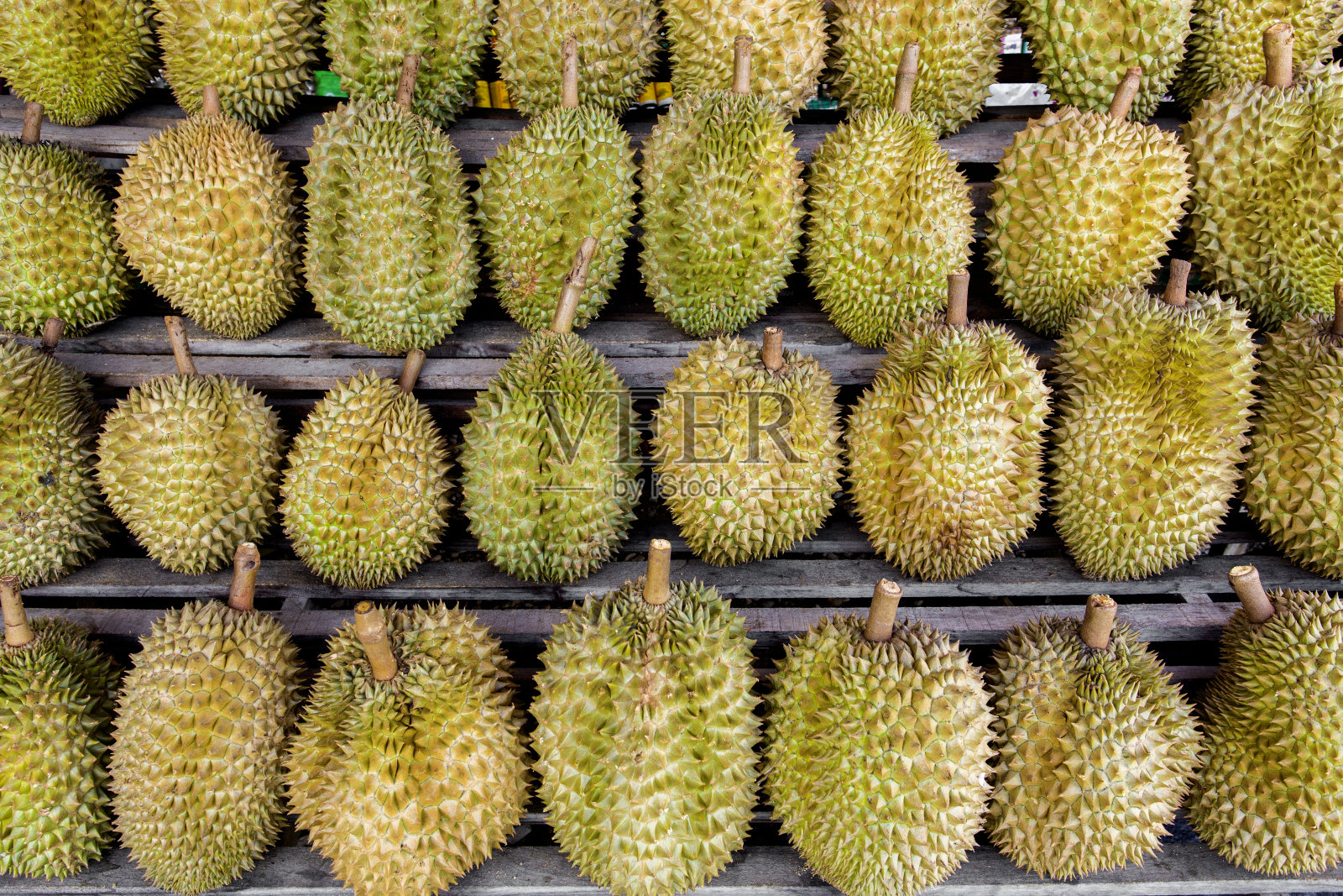 榴莲是泰国水果之王，货架上展示的许多榴莲图片可供顾客选择，可以作为水果、泰国水果、水果之王内容的背景。照片摄影图片