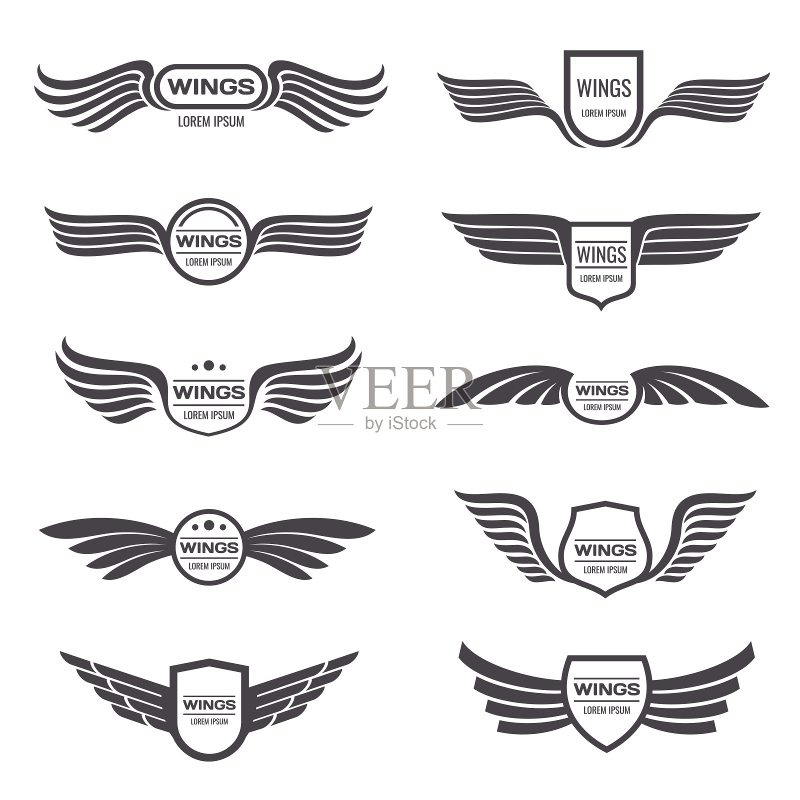 飞鹰翅膀矢量符号集。复古翼徽和标签设计元素图片