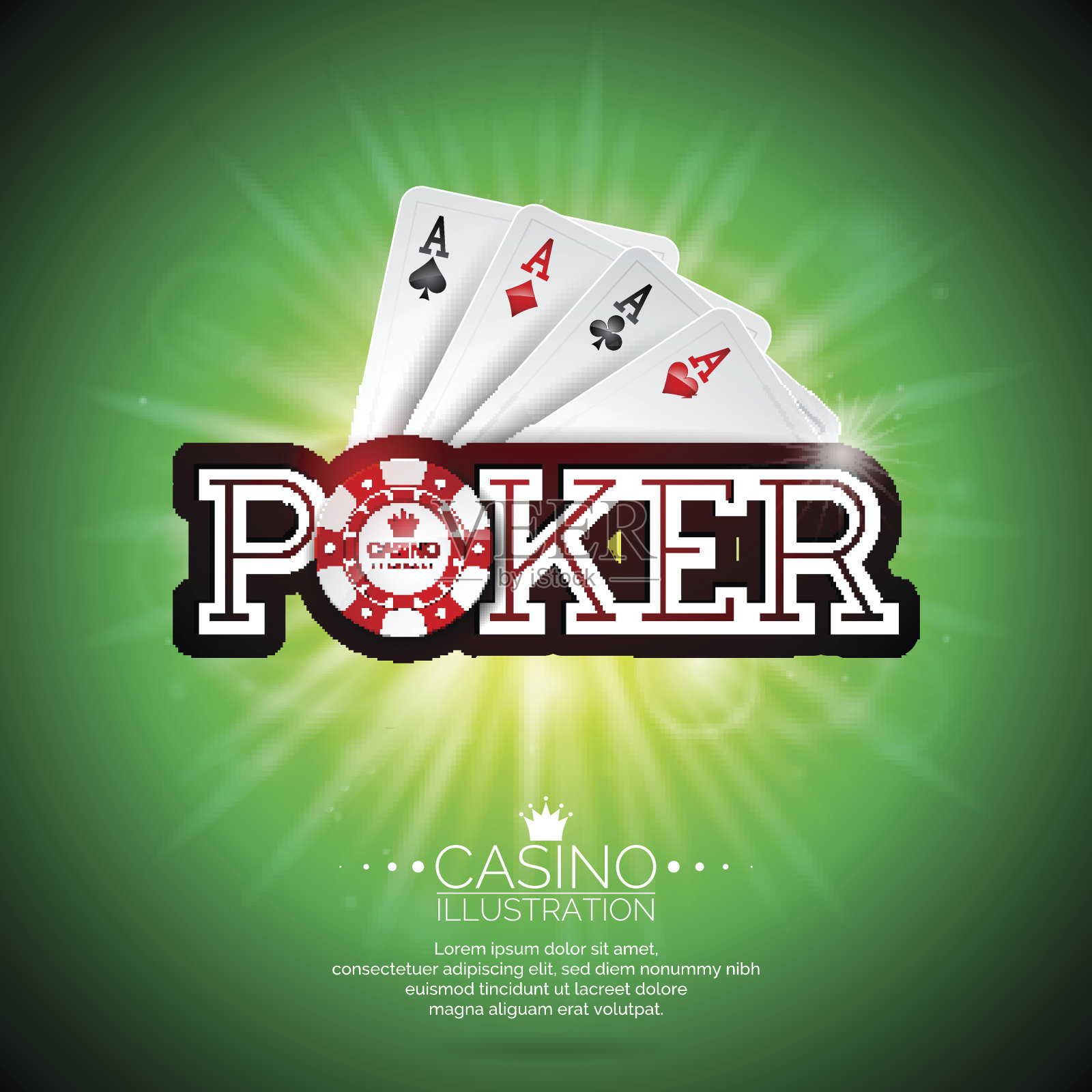 矢量插图上的赌场主题与扑克牌和闪亮的扑克标题在绿色背景。赌博的设计元素。插画图片素材