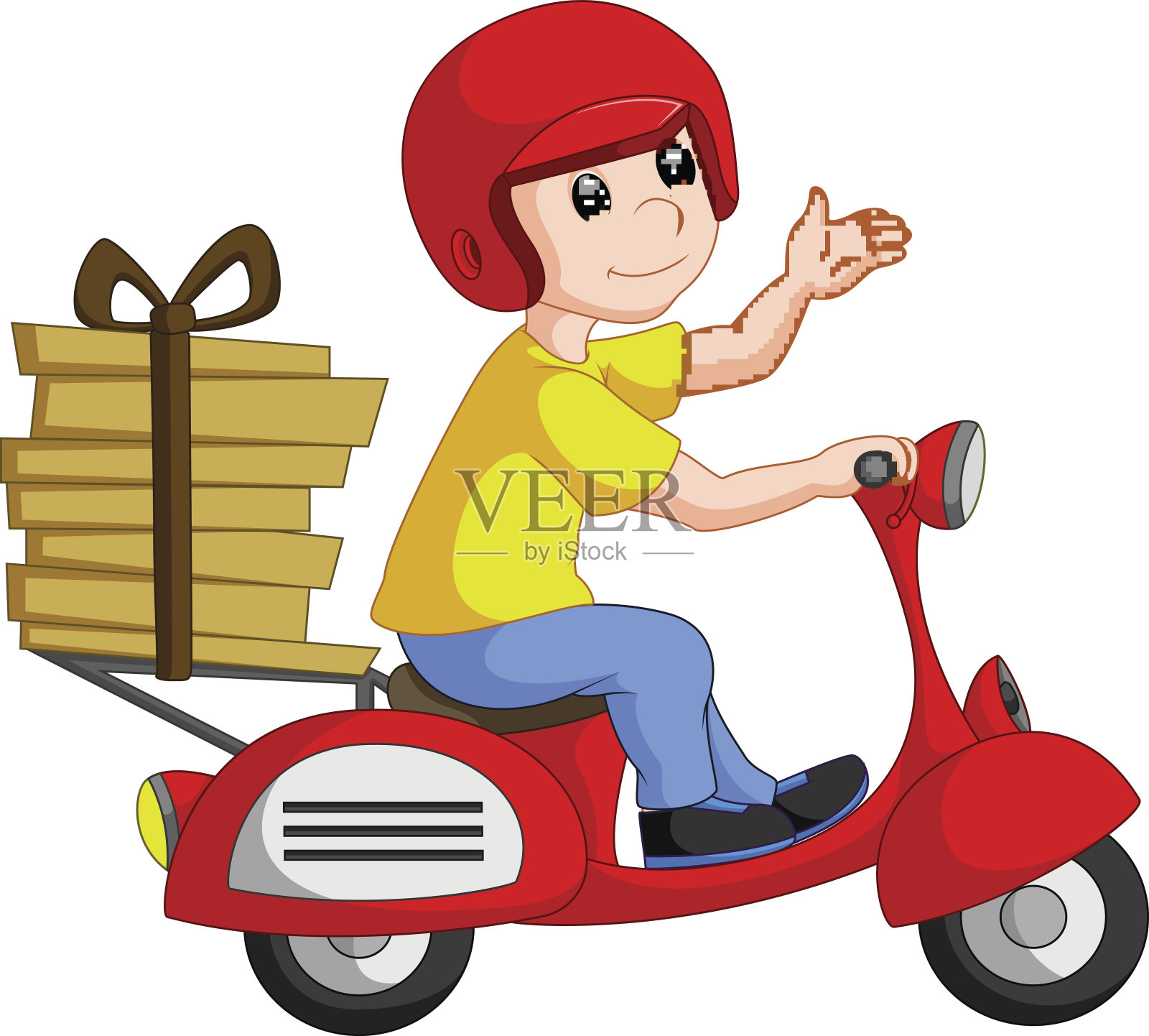 有趣的披萨外卖男孩骑着红色摩托车插画图片素材