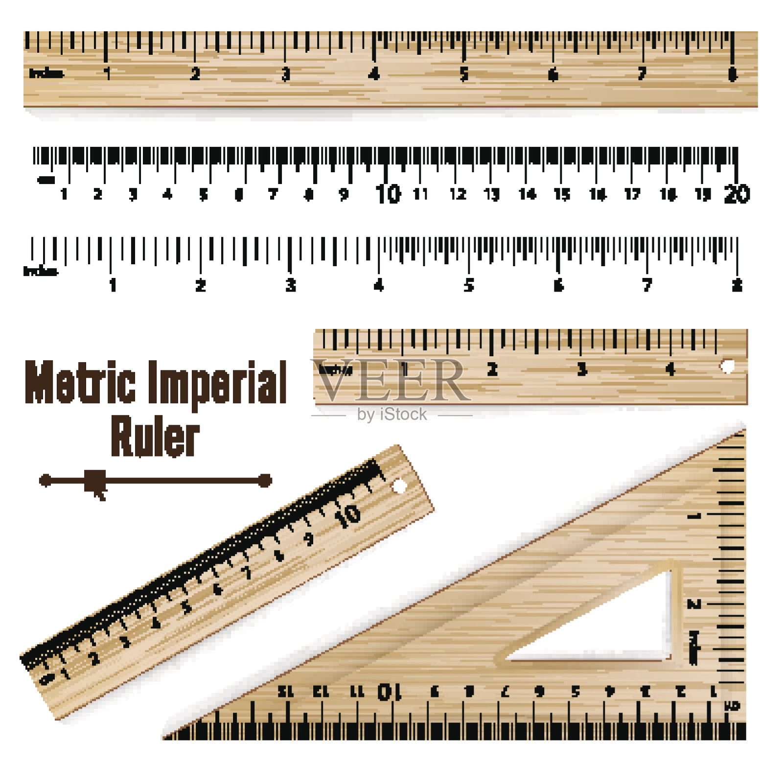 木制公制帝国尺矢量。厘米和英寸。测量工具设备插图孤立在白色背景插画图片素材
