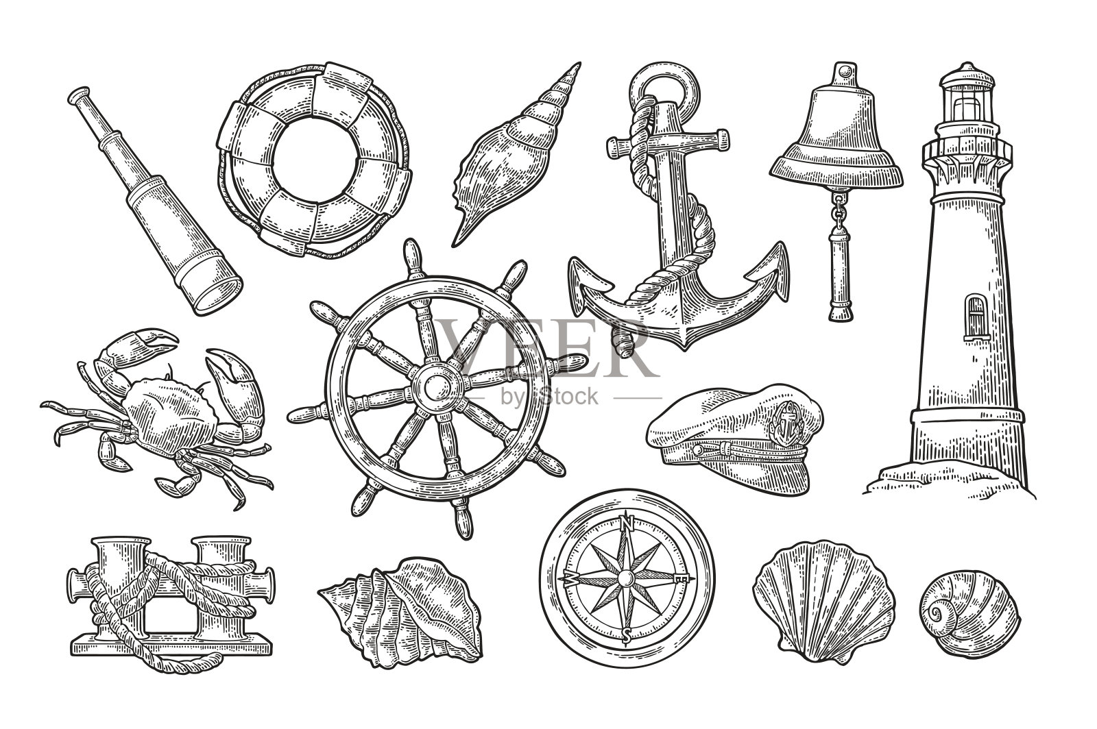 锚，轮，系柱，帽子，罗盘玫瑰，贝壳，螃蟹，灯塔雕刻插画图片素材