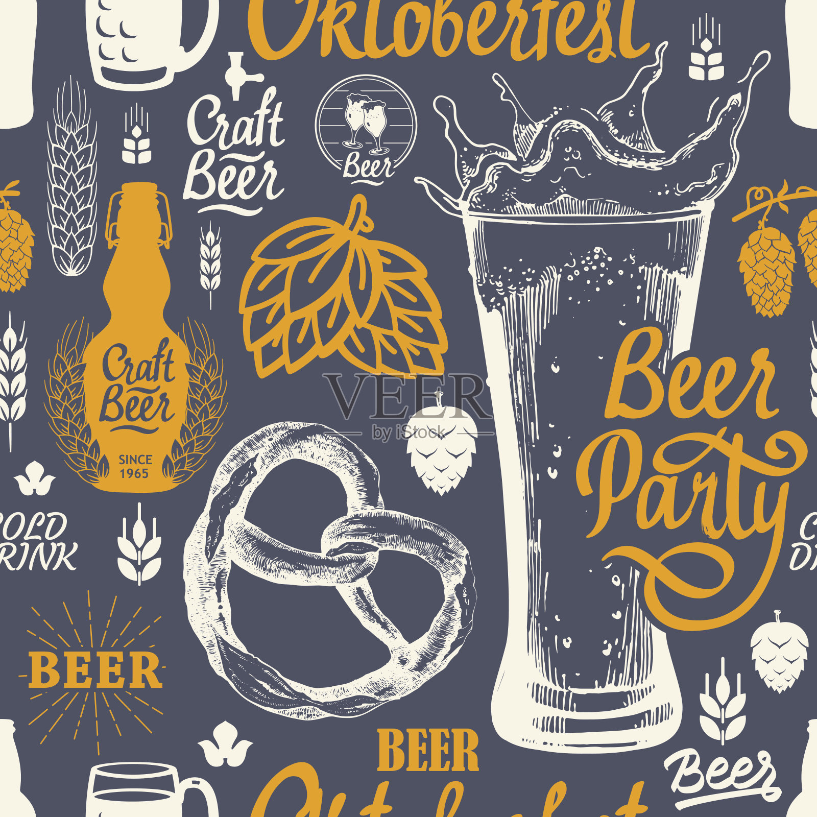 无缝啤酒节背景素描风格。矢量插图与酒吧模式。多色的装饰。不同类型的啤酒，苹果酒和零食的包装设计插画图片素材