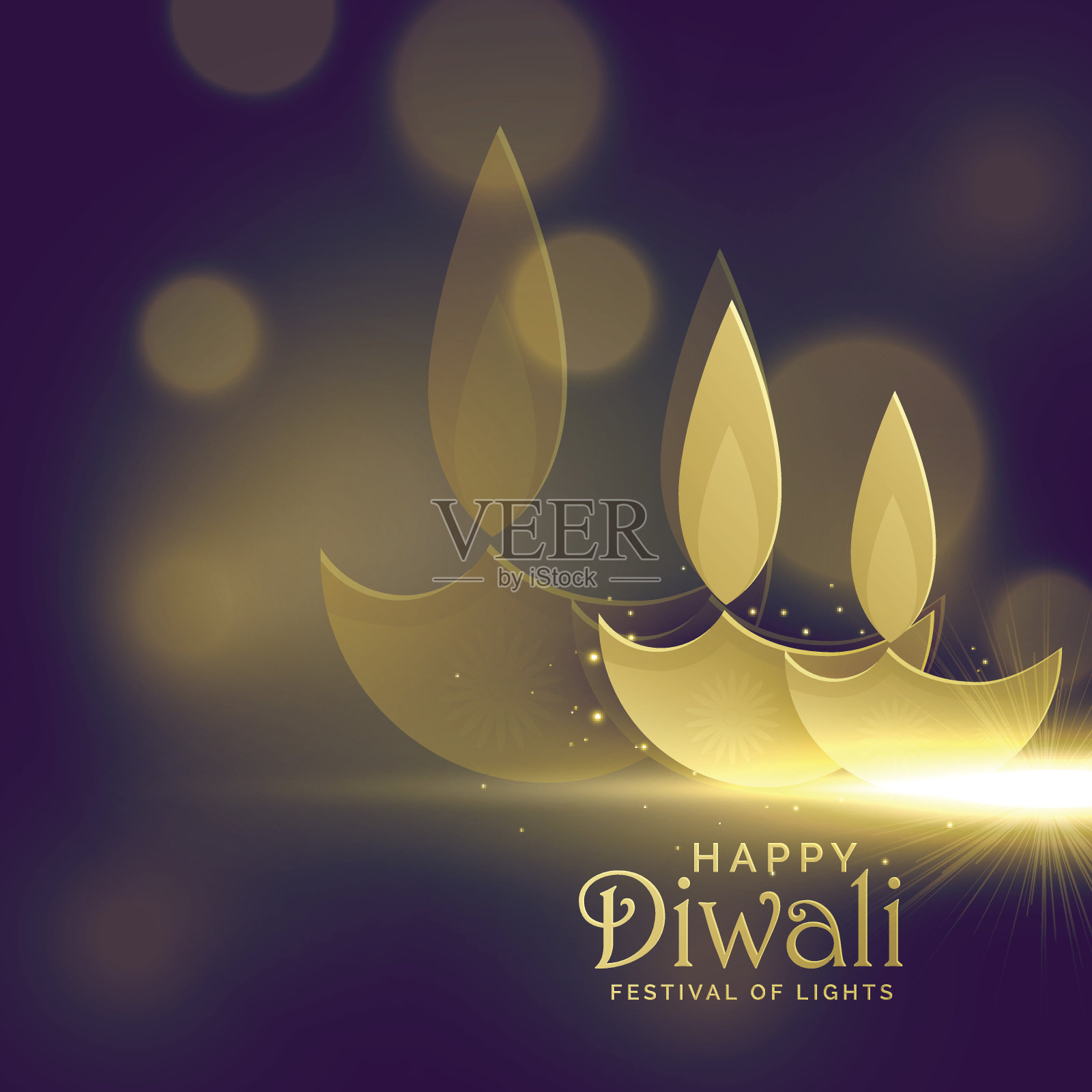 创造性的金色排灯节diwali diya与发光的光效果矢量背景设计模板素材
