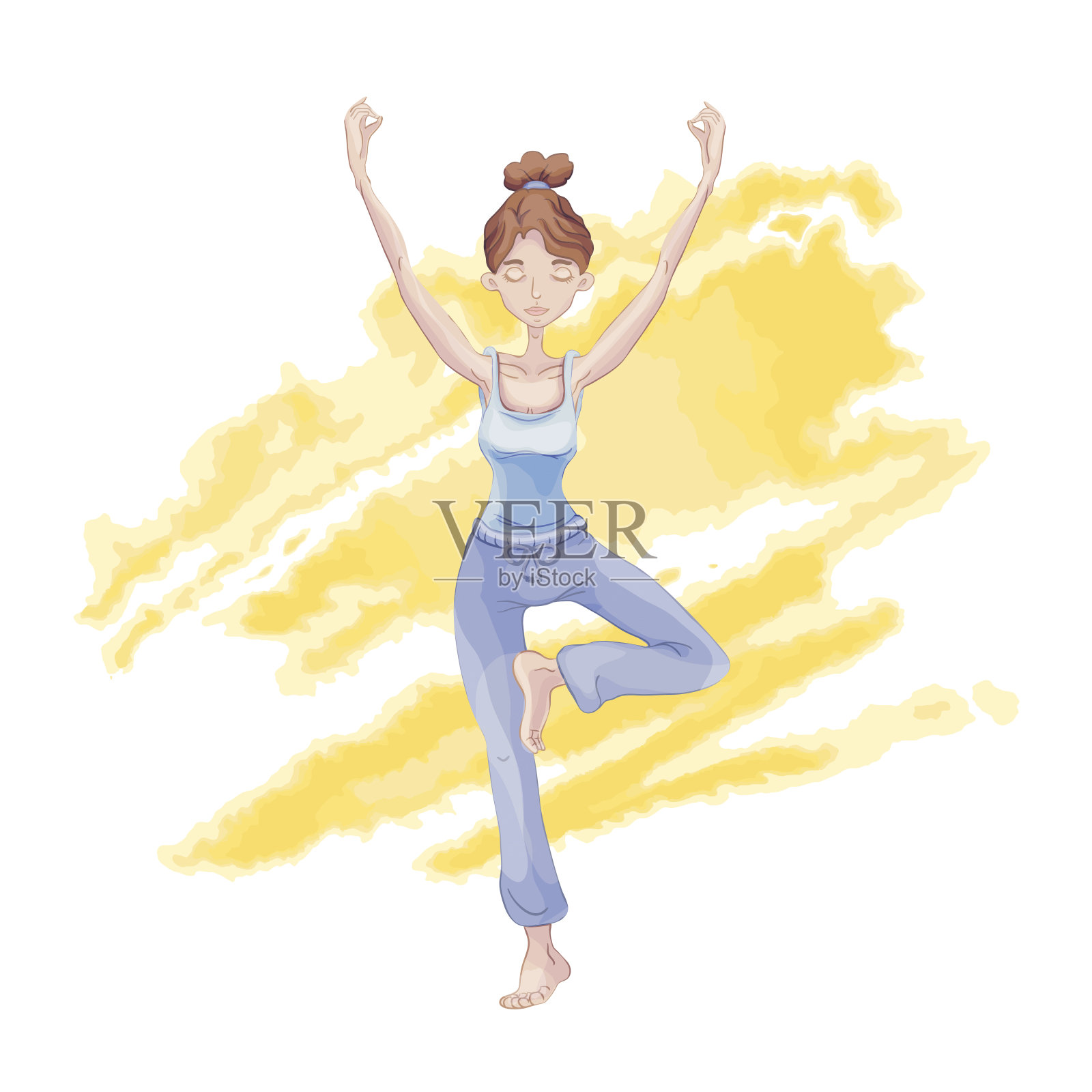 年轻女孩练习瑜伽，单腿站立在莲花的位置。背景是黄色的水彩。插画图片素材