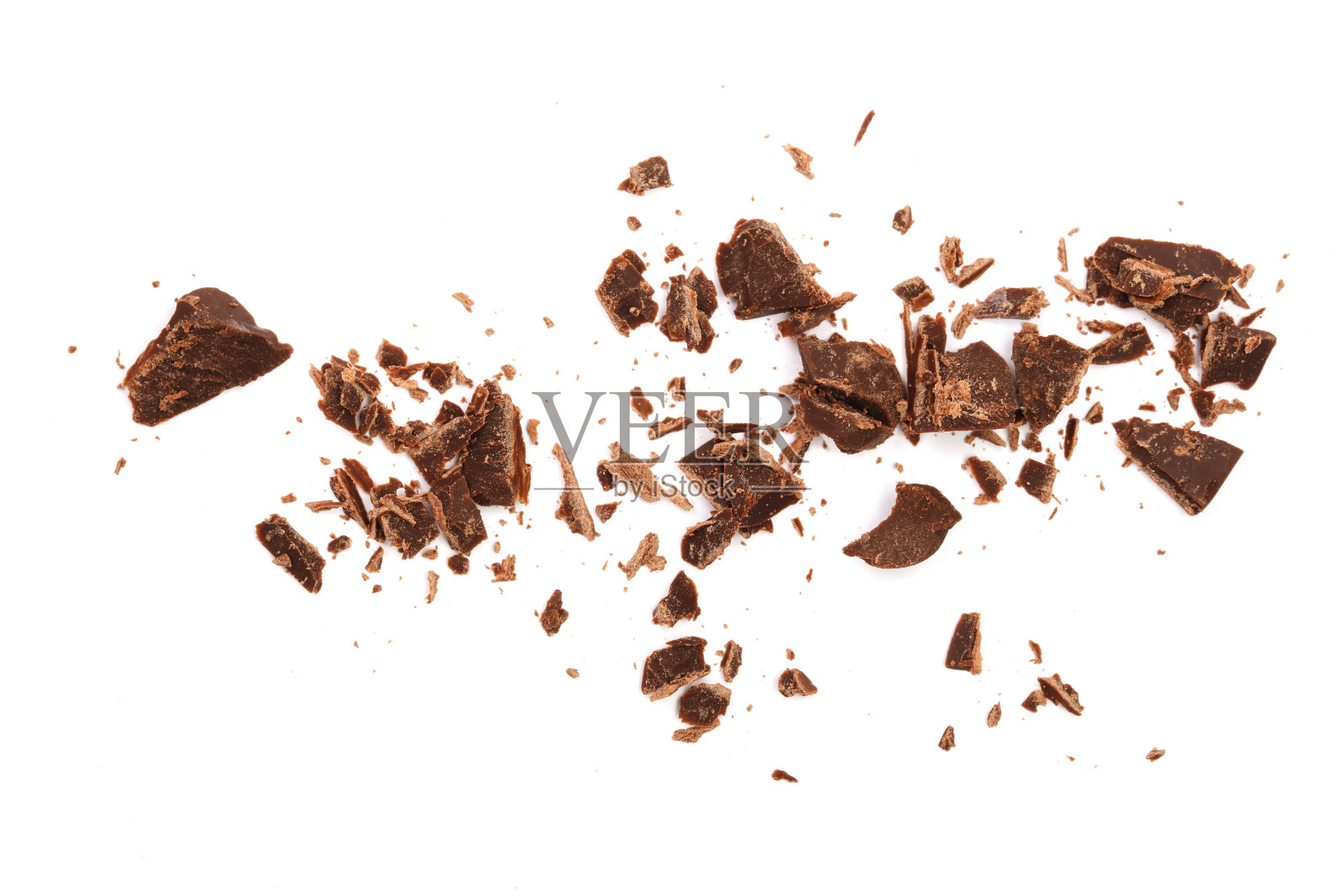 磨碎的巧克力孤立的白色背景。俯视图照片摄影图片