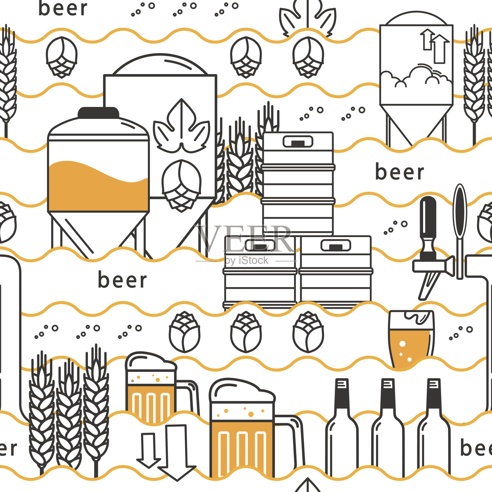 啤酒龙头，杯子，啤酒，酒桶，瓶子，酿酒设备，啤酒花，小麦。白色背景上的线性图案。矢量插图。插画图片素材