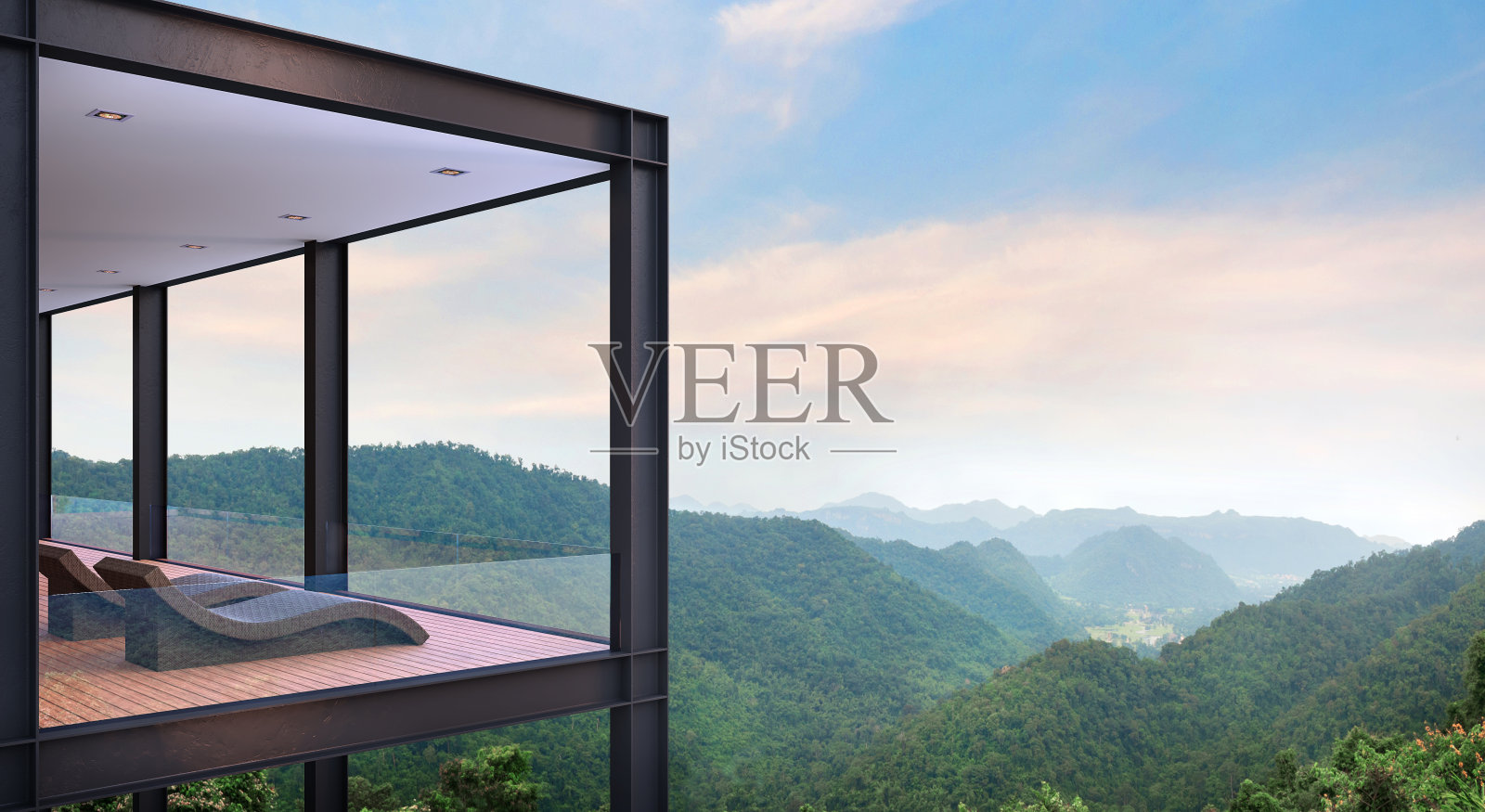 现代钢结构住宅阳台与山景3d渲染图像照片摄影图片
