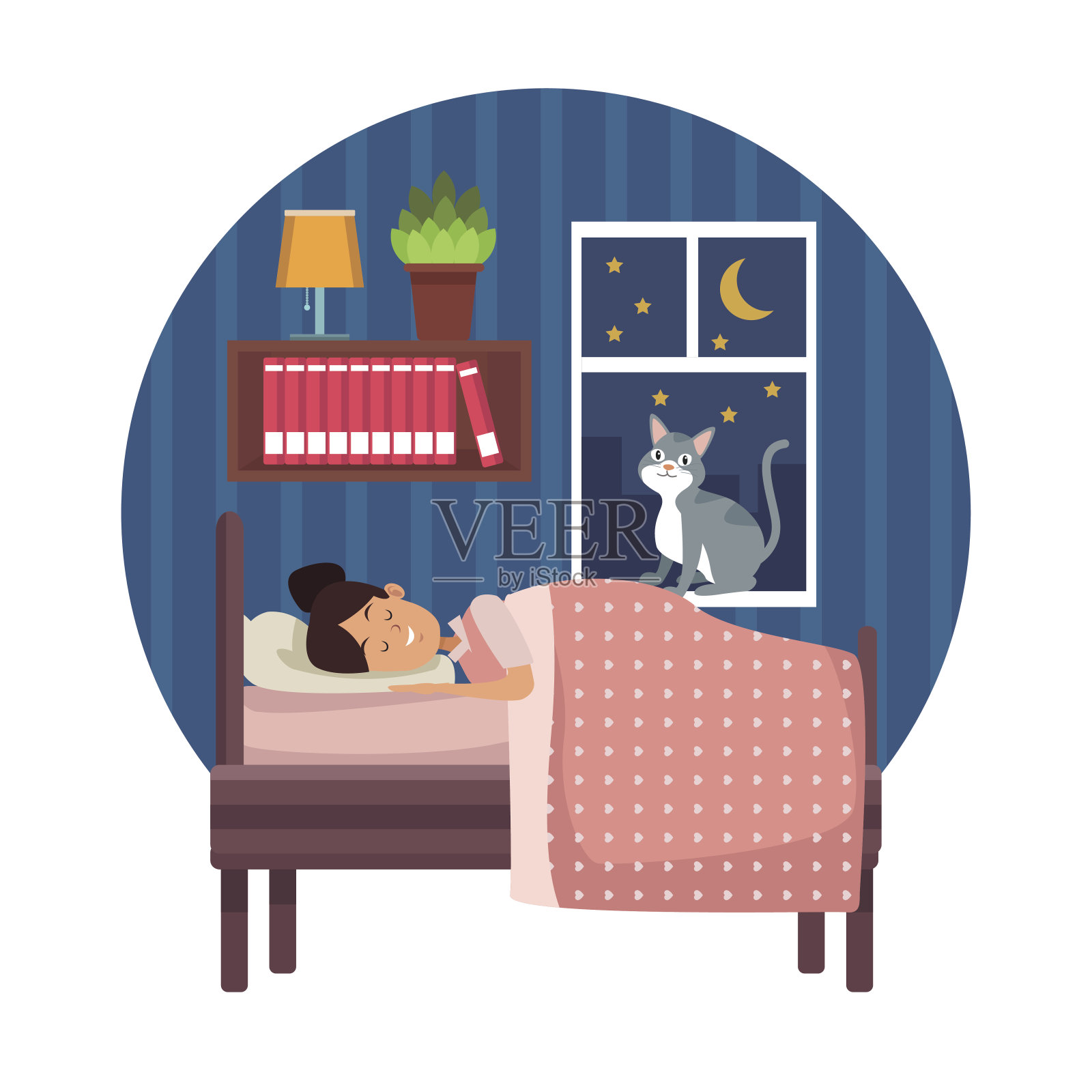 白色的背景和圆形的彩色场景，女孩睡在卧室里的毯子插画图片素材