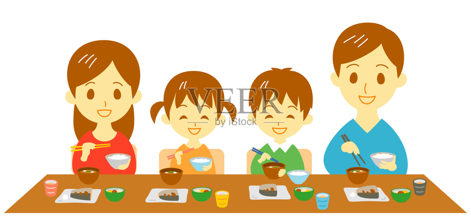 年轻的家庭晚餐，日本餐插画图片素材