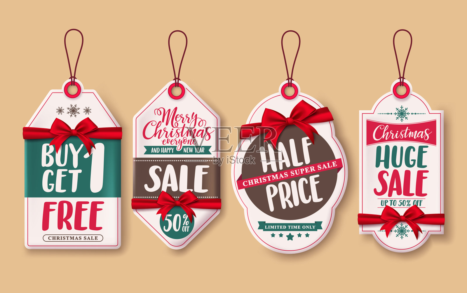 圣诞销售价格标签向量设置红丝带设计元素图片
