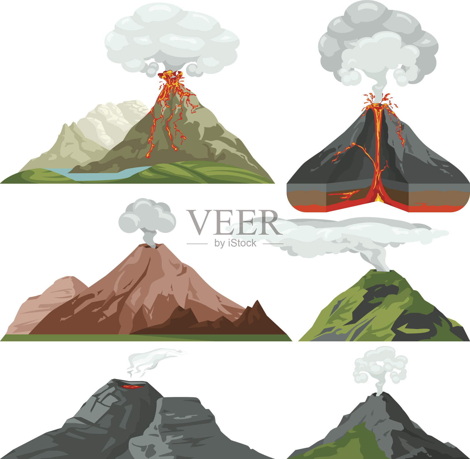 用岩浆和热熔岩把火山喷发出来。火山爆发与尘埃云向量集插画图片素材