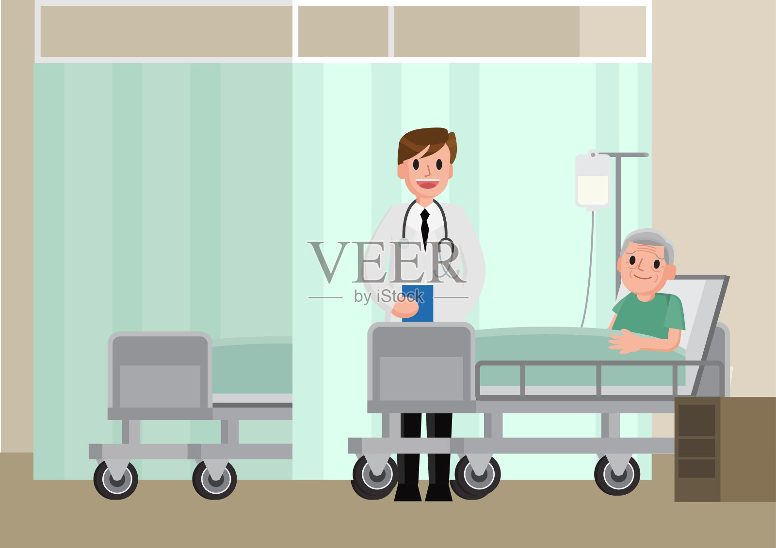 医生探望躺在医院病床上的病人。一位老人在床上休息。插画图片素材