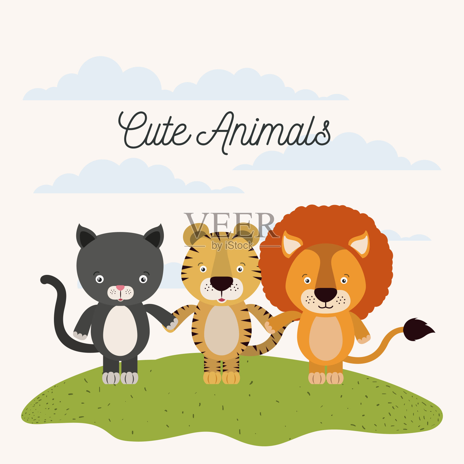 白色的背景与颜色的场景猫，老虎和狮子可爱的动物牵手在草插画图片素材