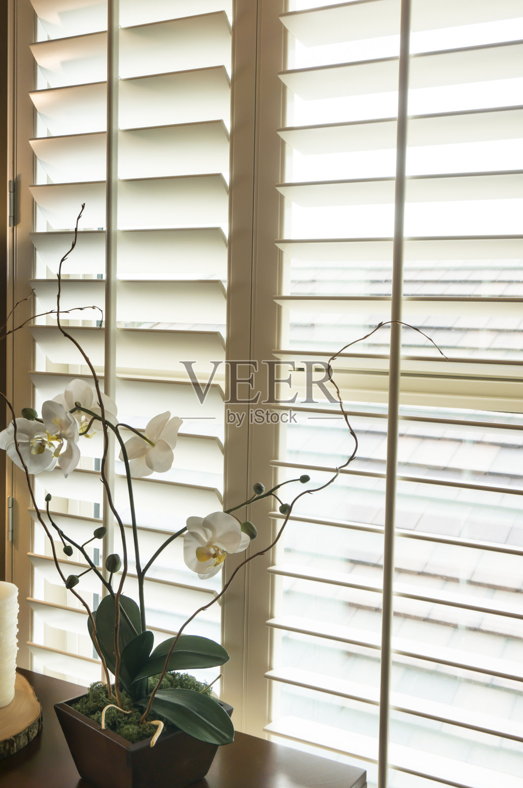 白色种植园风格的木制百叶窗照片摄影图片