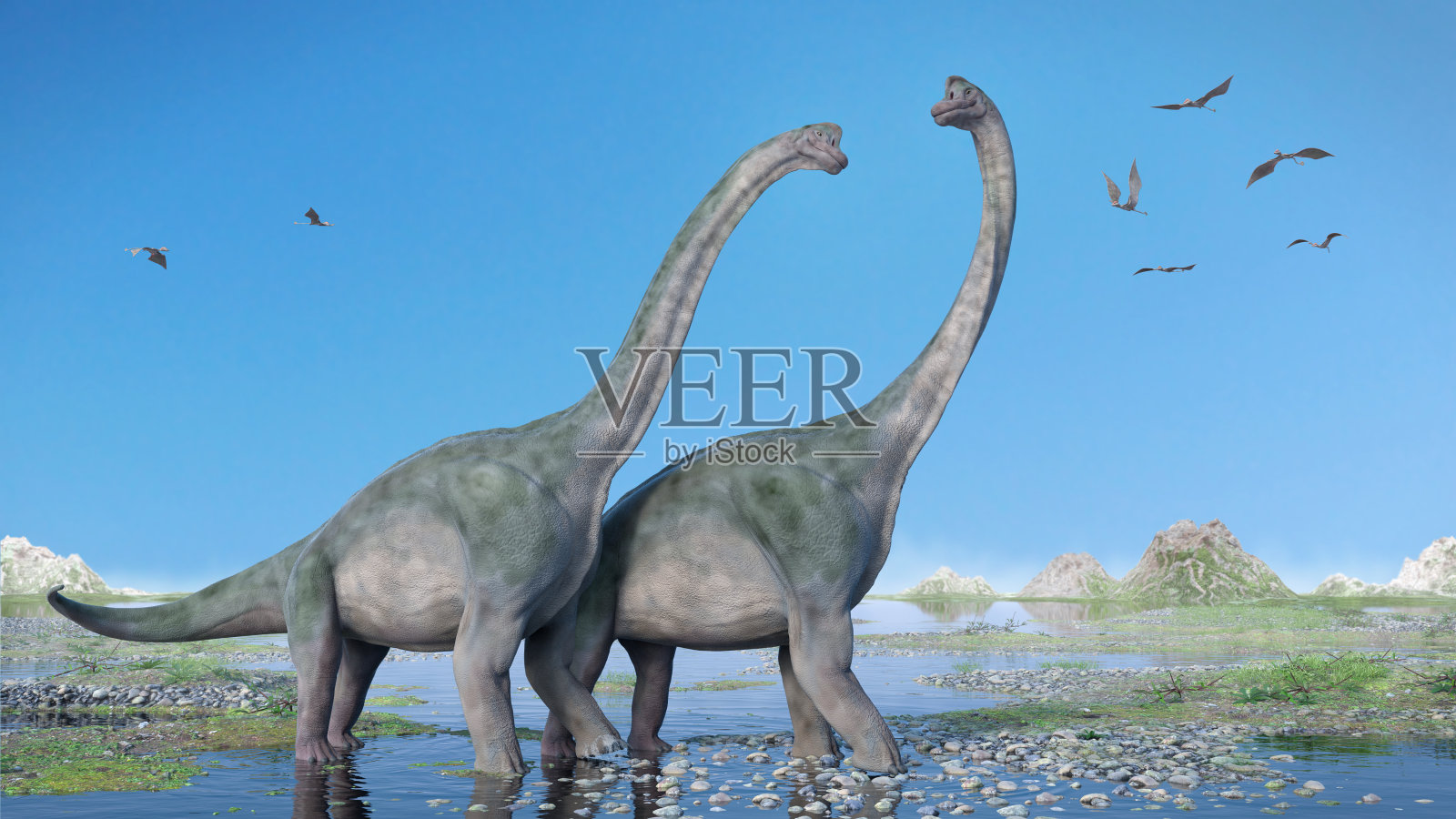 一对高胸腕龙和一群翼龙在侏罗纪晚期风景优美的地方照片摄影图片