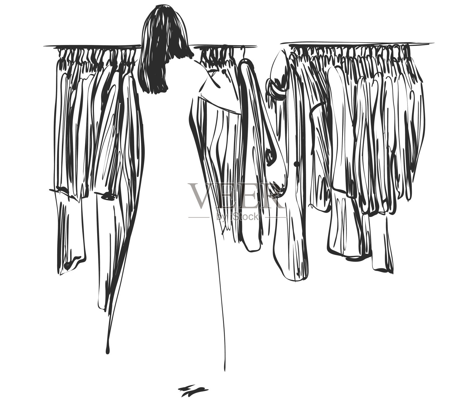 手绘衣柜草图。衣服挂在衣架上。商店里的女孩插画图片素材