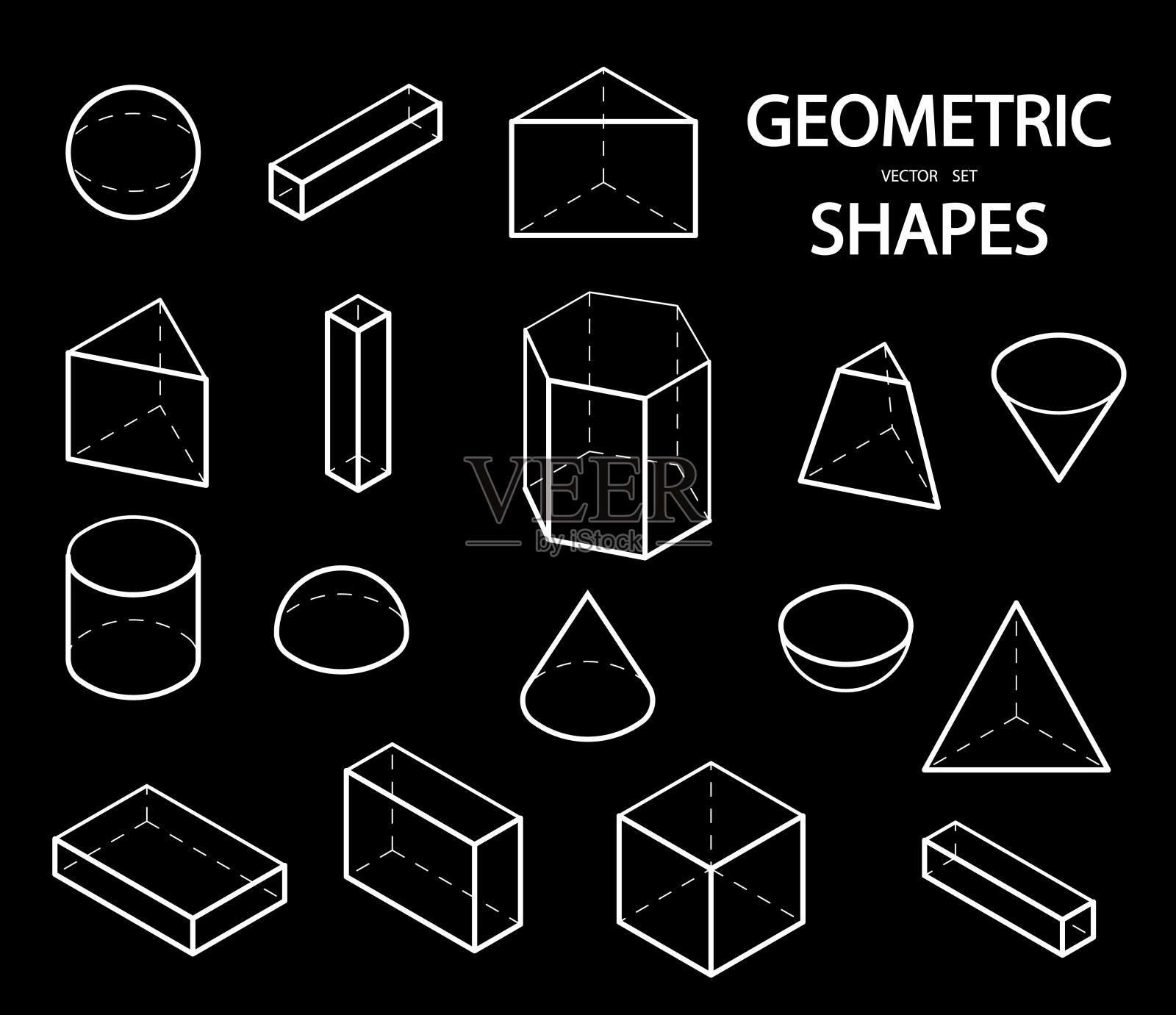 三维几何形状的集合。等距视图。几何学几何学和数学的科学线性物体孤立在白色背景上插画图片素材