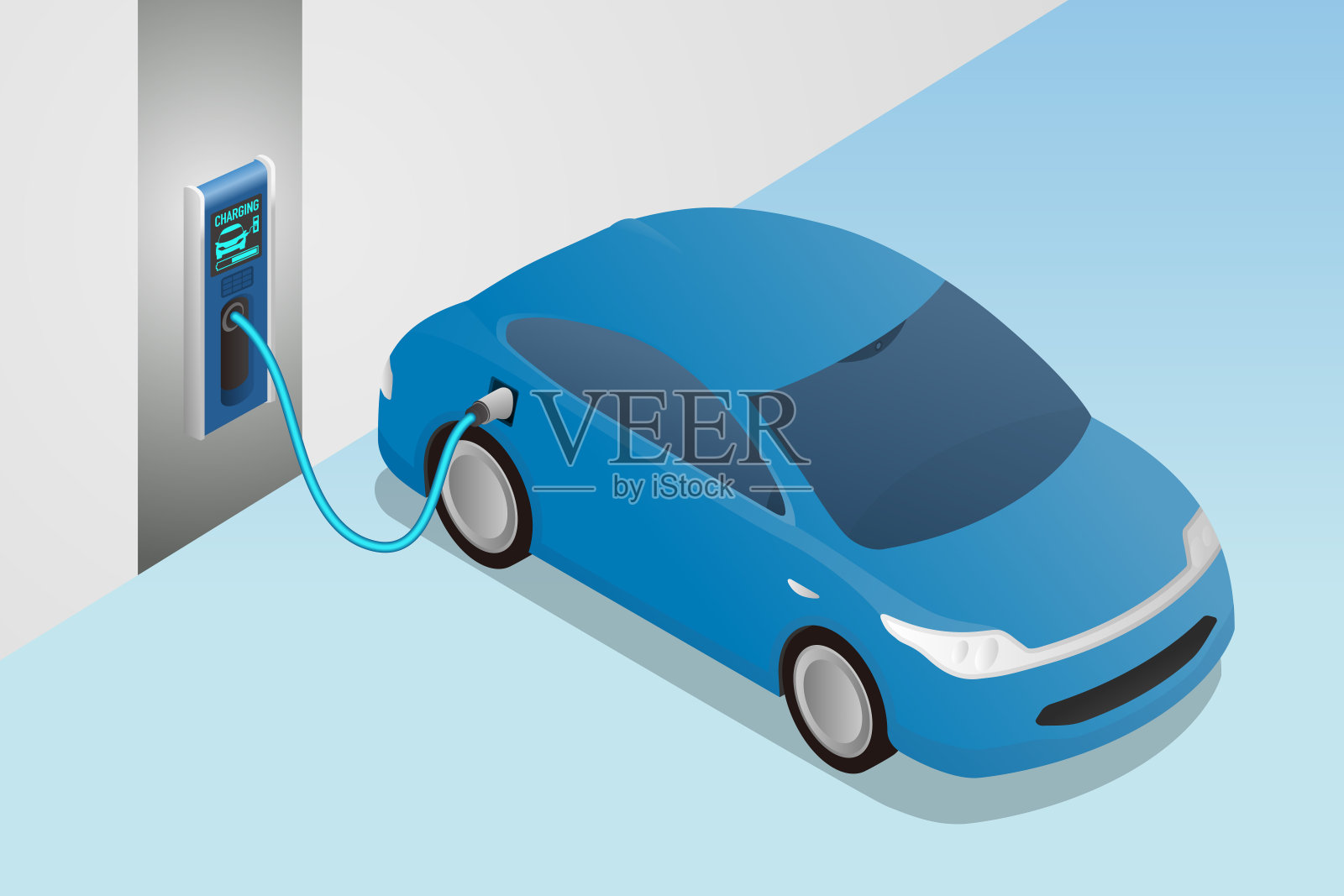 现代汽车从墙箱充电站充电。插画图片素材
