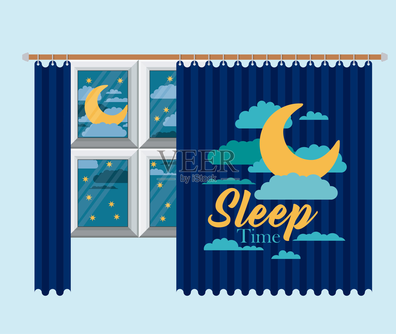 卧室窗户的颜色背景与窗帘和夜间景观睡眠时间插画图片素材