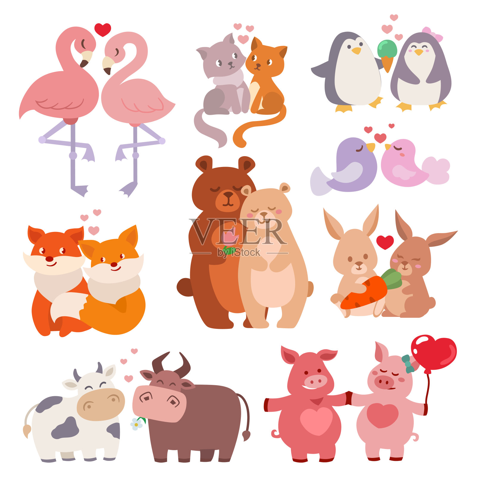 可爱的动物情侣在爱收集快乐的情人节爱卡通人物一起自然野生动物载体插图插画图片素材