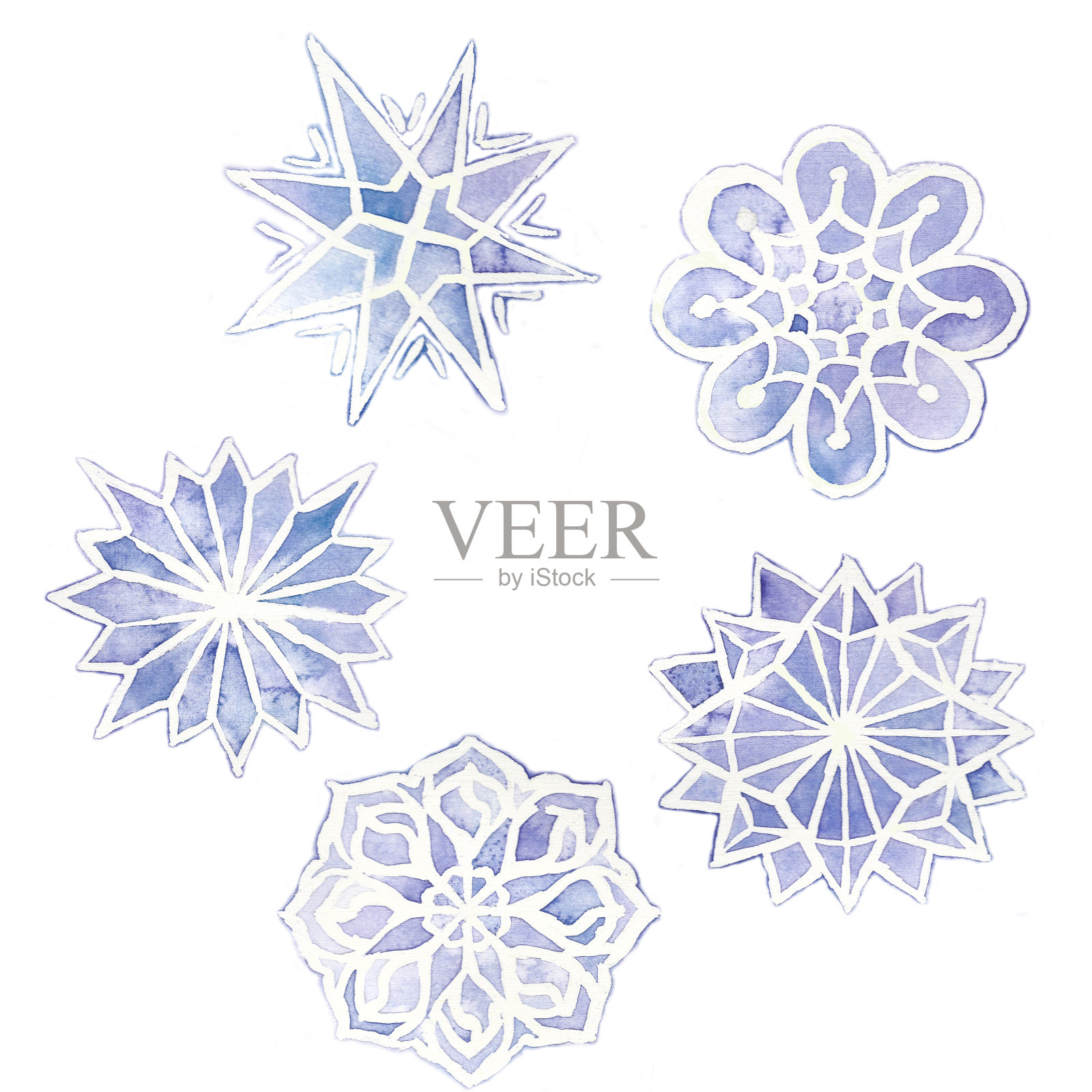 雪花水彩画，6片雪花，紫色在白色的背景，为图形和设计插画图片素材