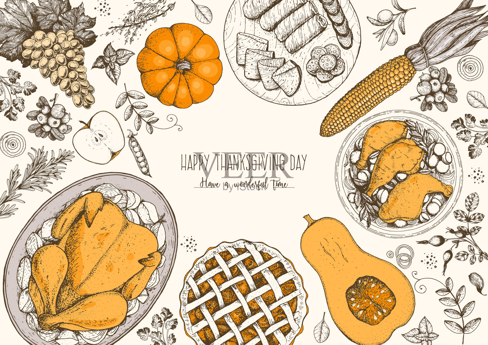 感恩节俯视图矢量插图。食物手绘素描。节日晚餐有火鸡和土豆，苹果派，蔬菜，水果和浆果。秋季粮食草图。雕刻的形象。插画图片素材