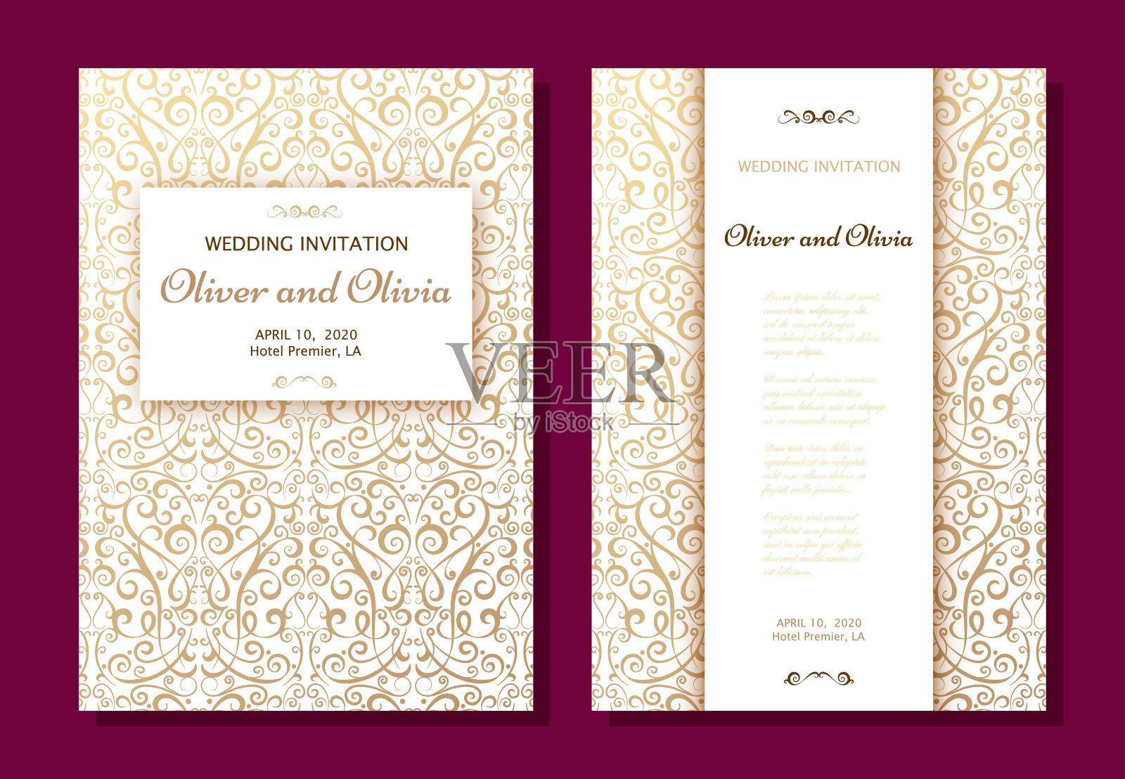 一套婚礼邀请模板。封面设计与黄金锦缎饰品设计模板素材