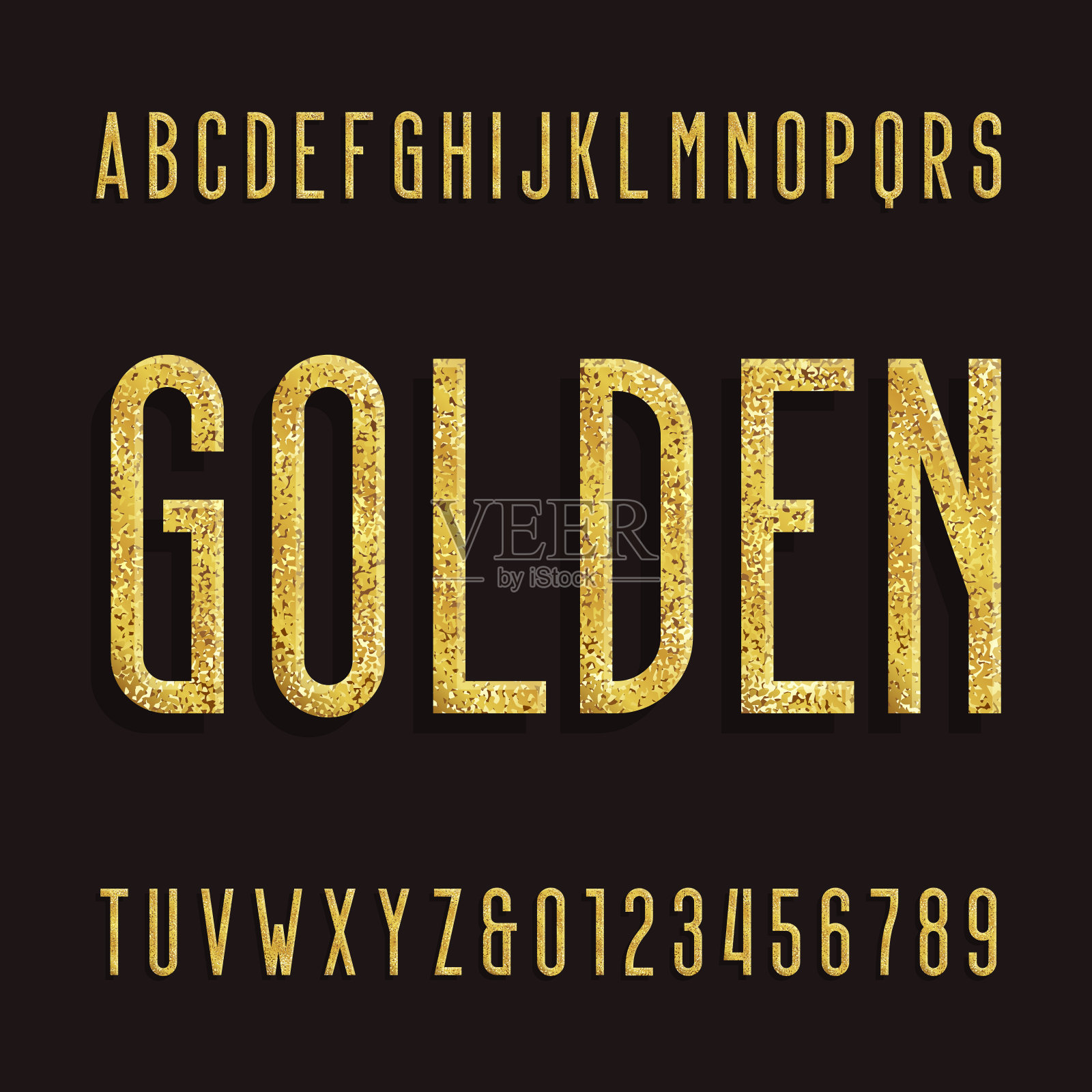 金色的字母的字体。金属效果闪闪发光的字母和数字。设计元素图片