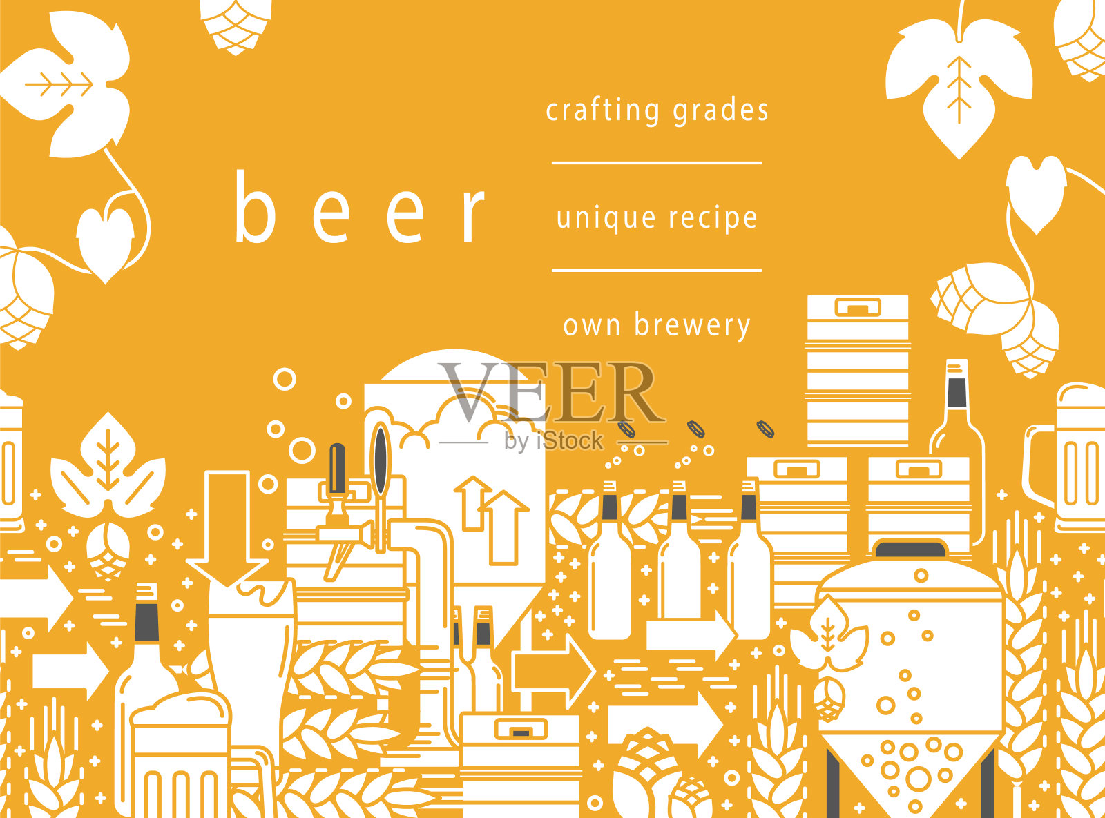 啤酒龙头，杯子，啤酒，酒桶，瓶子，酿酒设备，啤酒花，小麦。黄色背景上的线性图案。矢量插图。用面具裁剪。插画图片素材