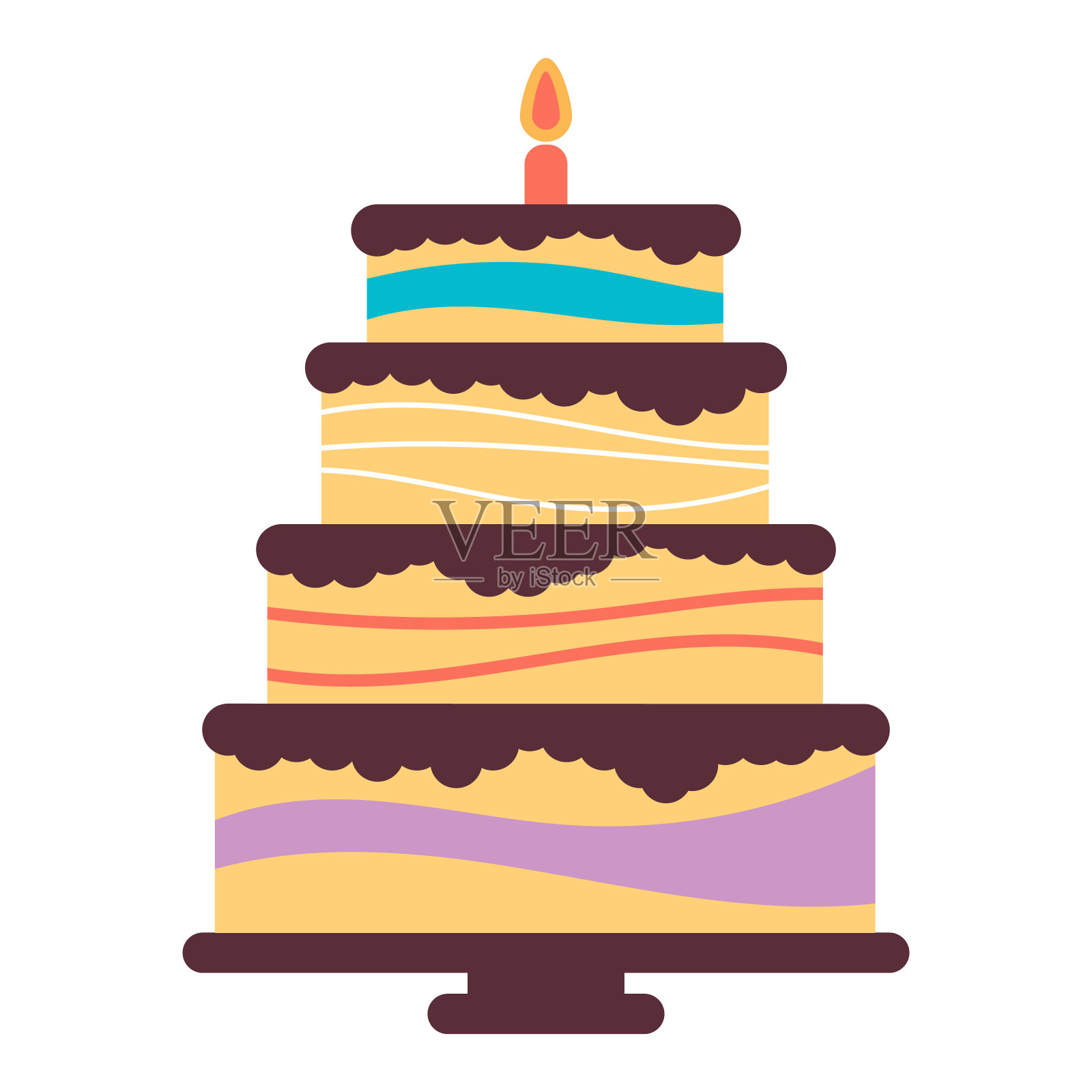 五根点燃的蜡烛，甜甜的生日蛋糕。插画图片素材