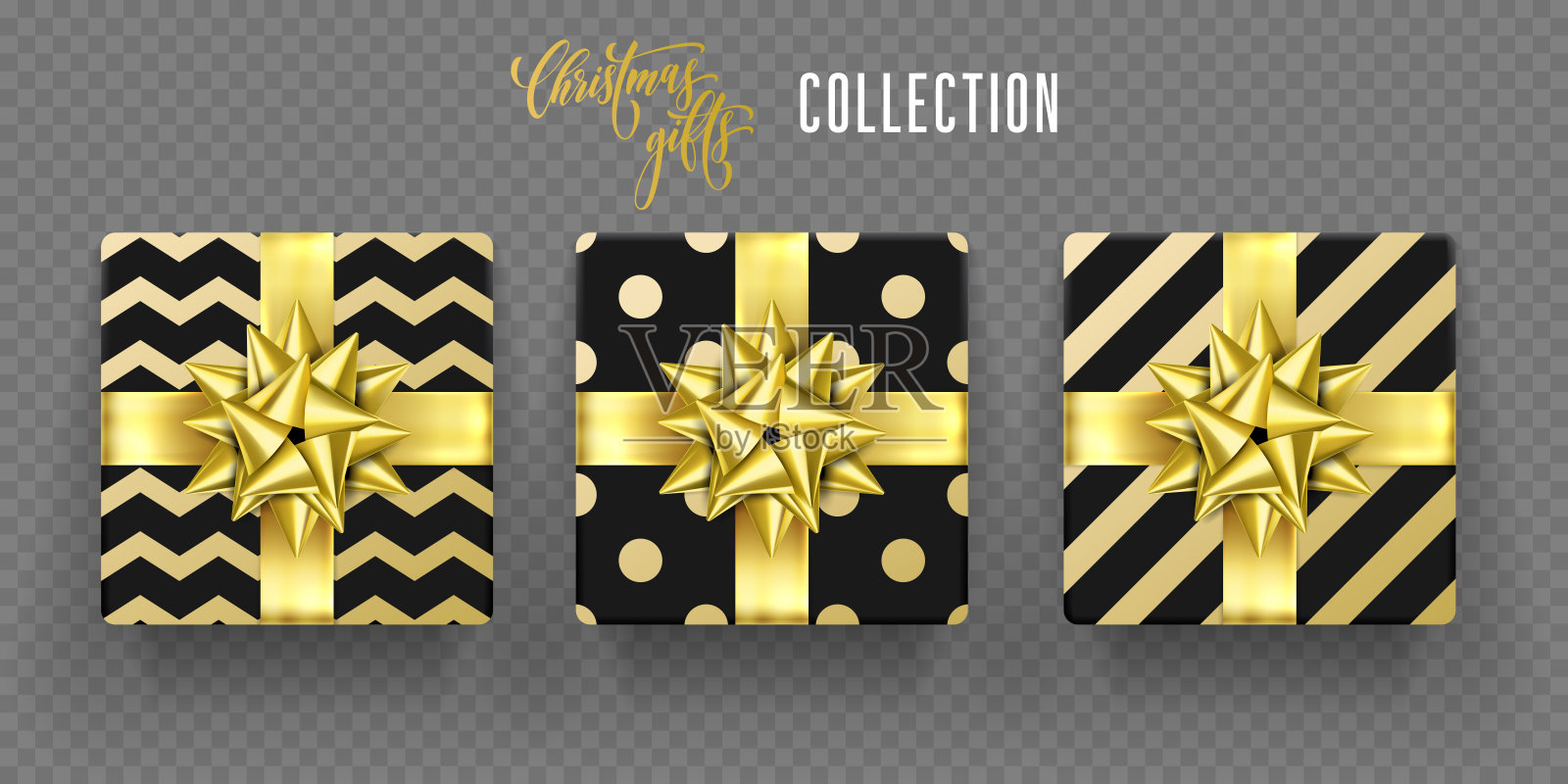 圣诞礼盒金色蝴蝶结丝带矢量包装图案新年祝福插画图片素材