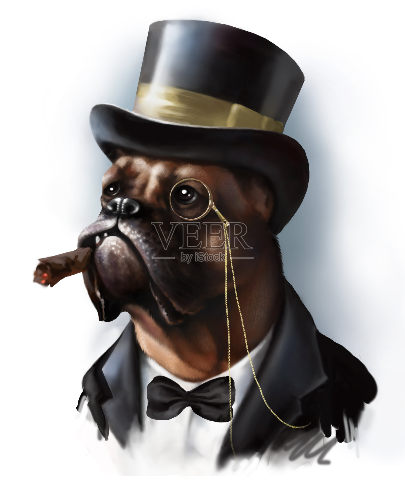 数字肖像的一个红狗品种拳击手在一个富有的百万富翁贵族的形象，穿着燕尾服和圆筒帽孤立在白色。插画图片素材