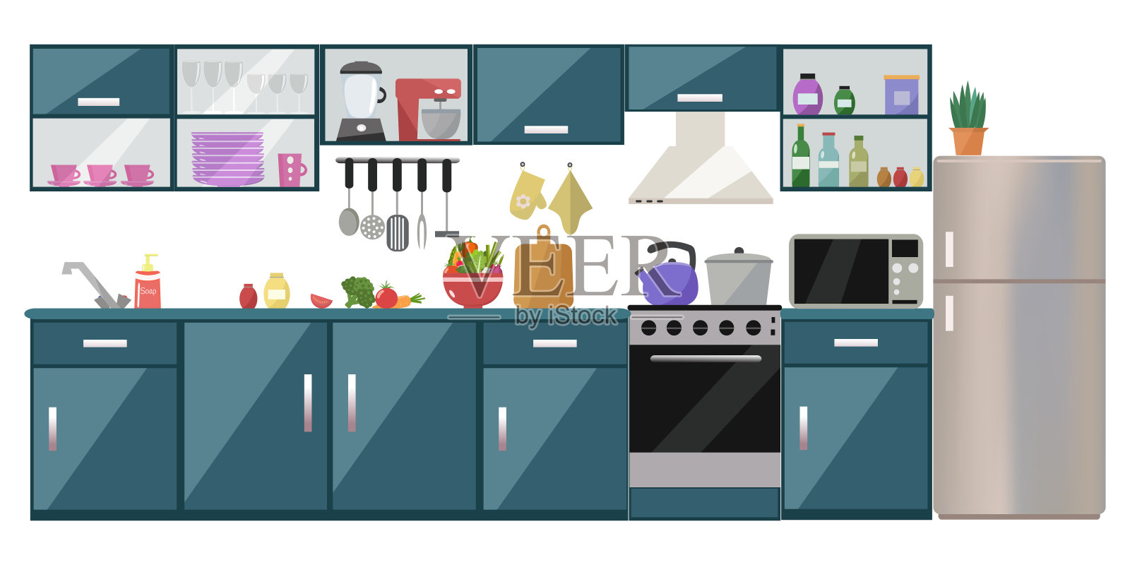 厨房内部有桌子，炉子，橱柜，盘子，电器插画图片素材
