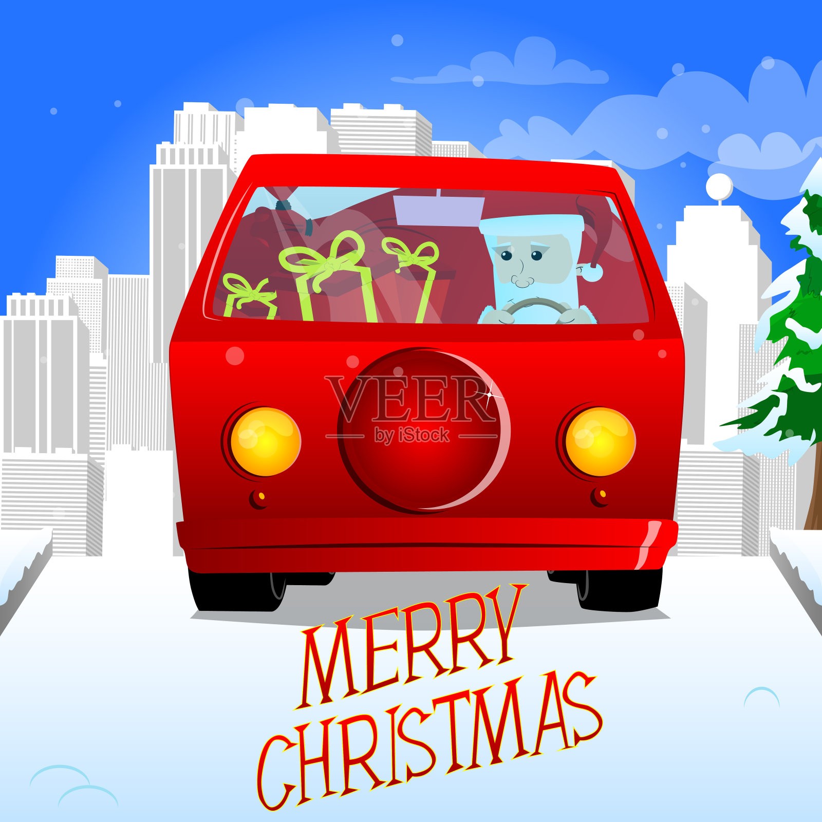 圣诞老人开着一辆红色的车。插画图片素材