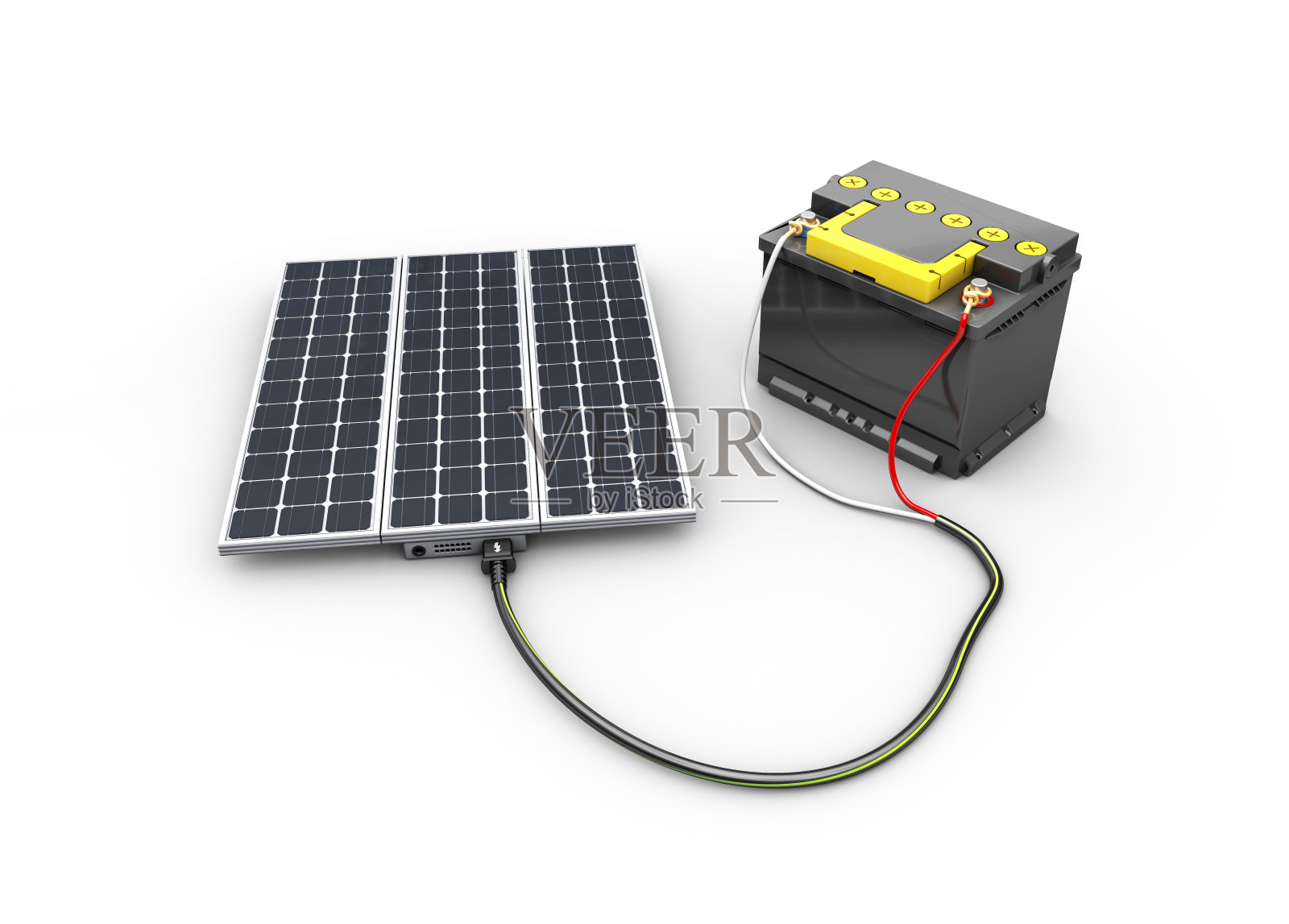 太阳电池为蓄电池充电。太阳能的设计理念。三维演示照片摄影图片