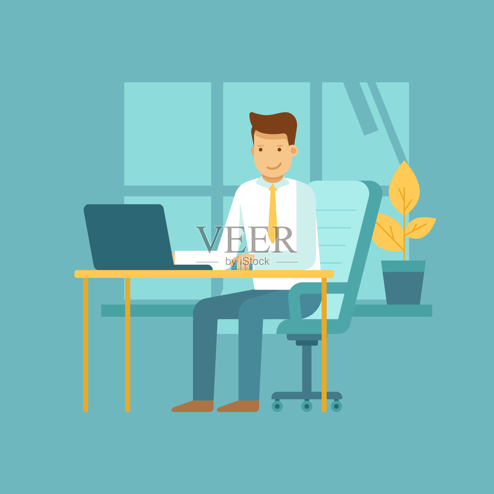 一个家伙坐在书桌上，手提电脑-自由职业的概念插画图片素材
