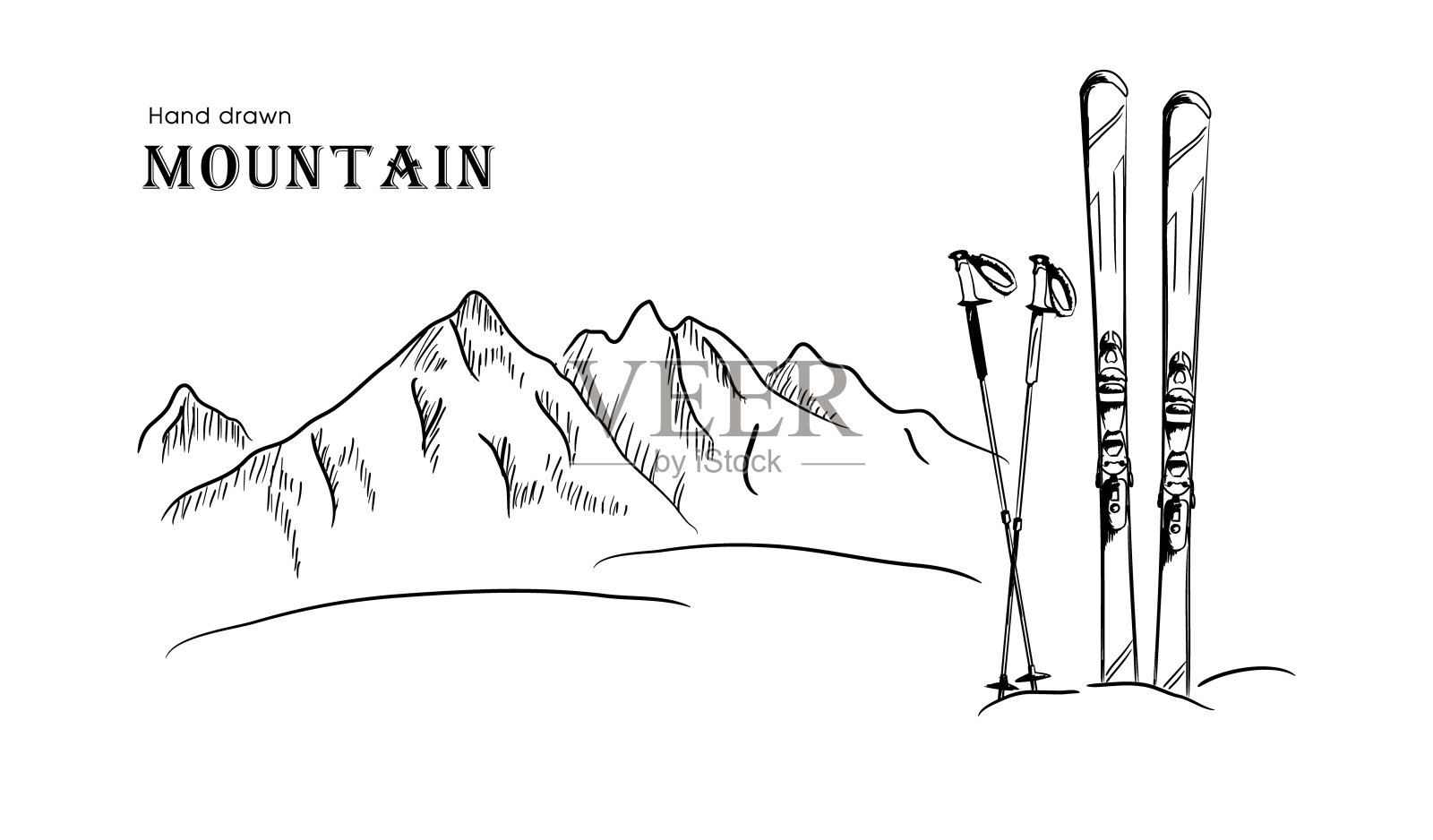 手绘山和滑雪图形黑白景观矢量插图插画图片素材
