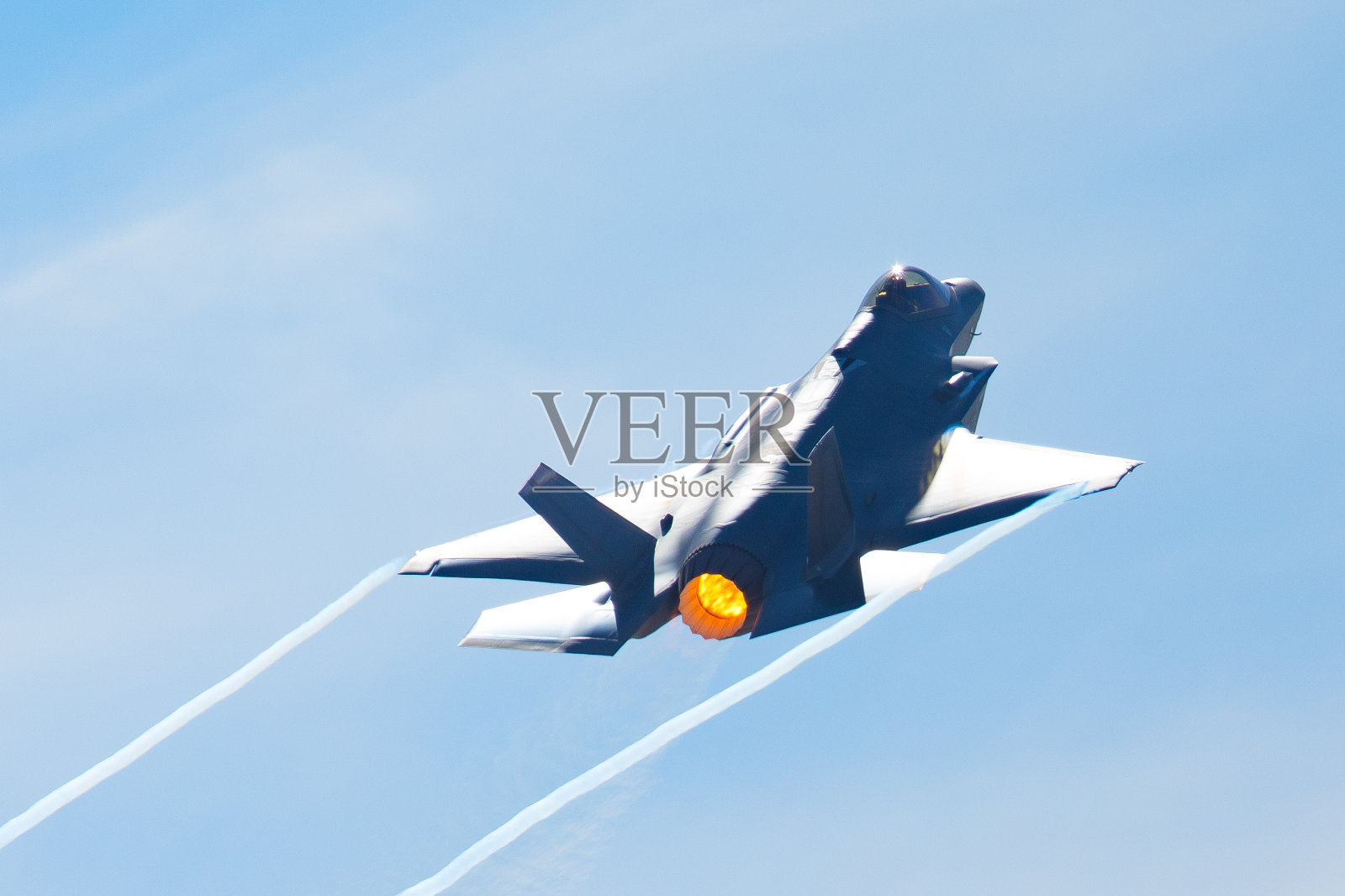 F-35闪电II在高g机动，加力燃烧器和冷凝尾在机翼边缘照片摄影图片