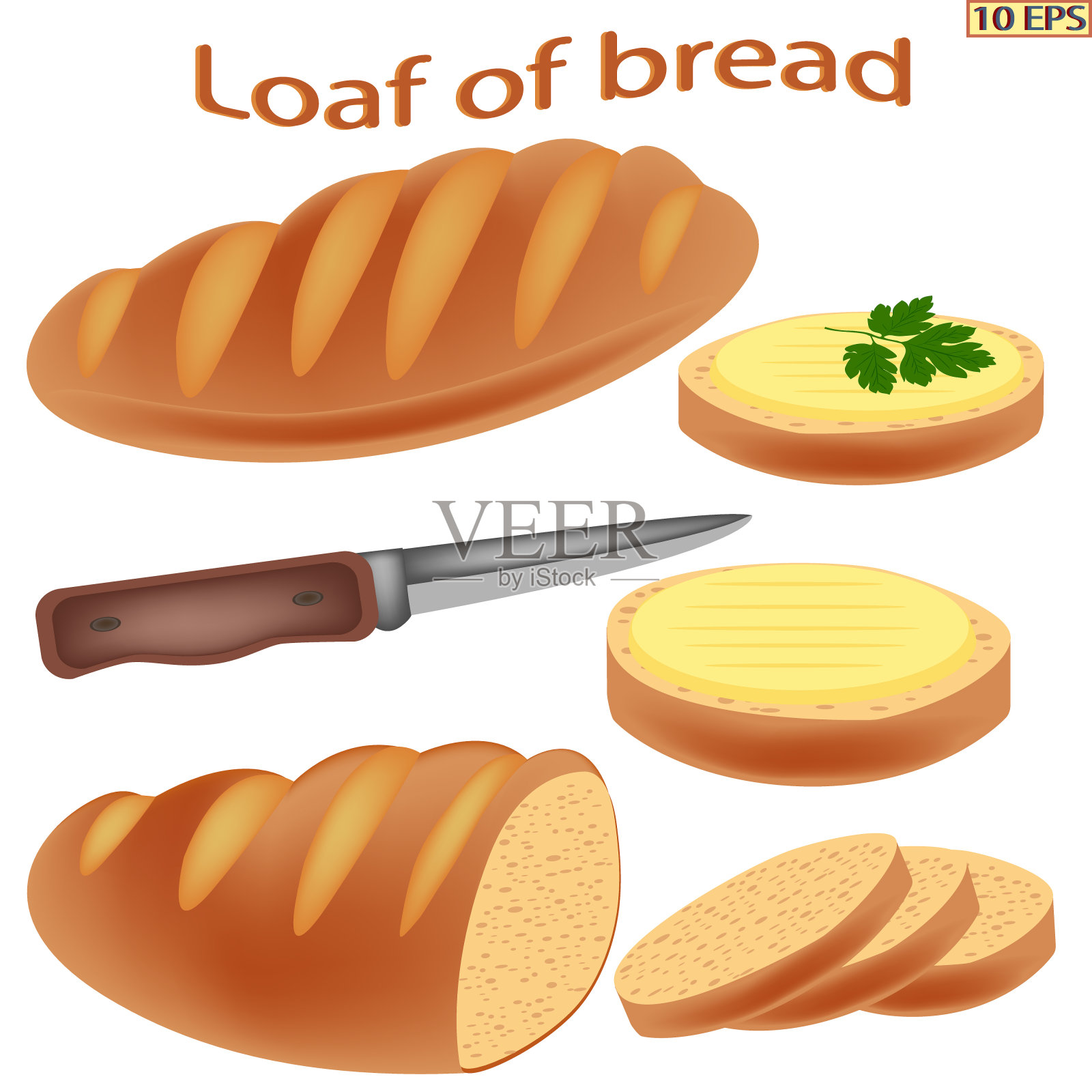 条面包。切成薄片的面包。奶酪三明治。面包和黄油。矢量插图食谱，菜单餐厅，厨房内部。设计元素图片
