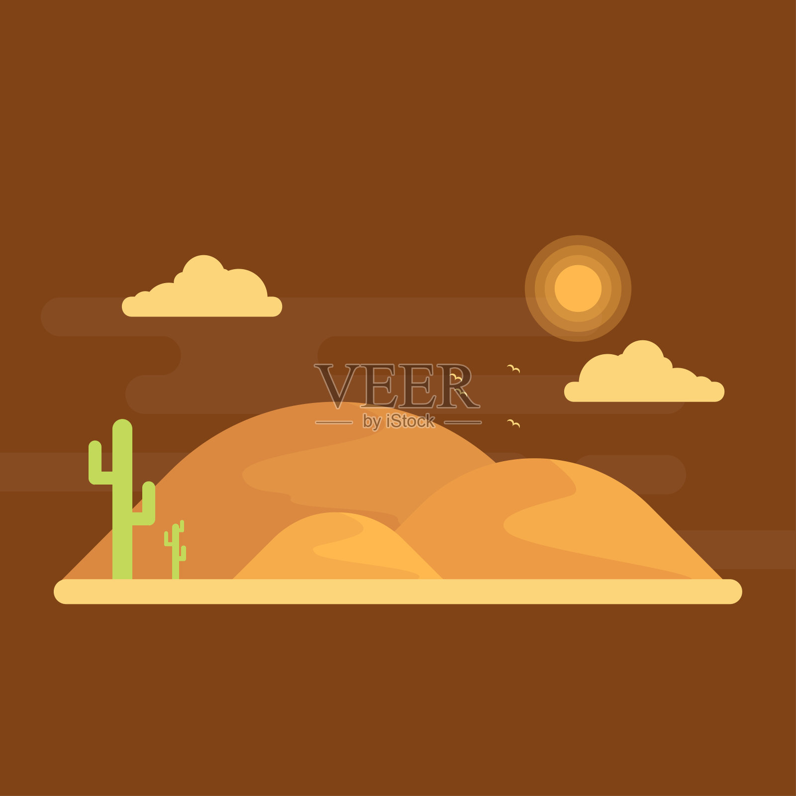 沙漠中生长着绿色的仙人掌。背景是在明亮的阳光下的地平线上的沙丘插画图片素材