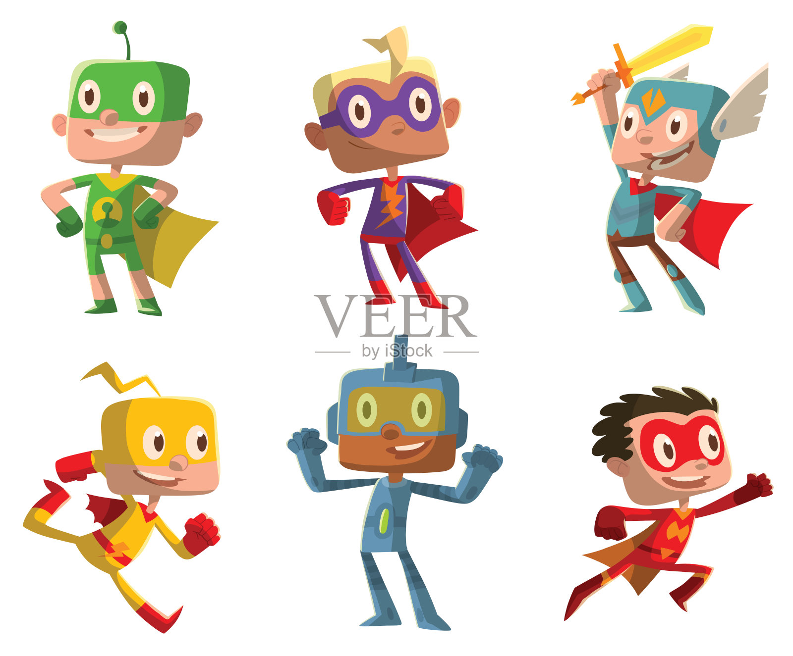 一组穿着超级英雄服装的有趣男孩插画图片素材