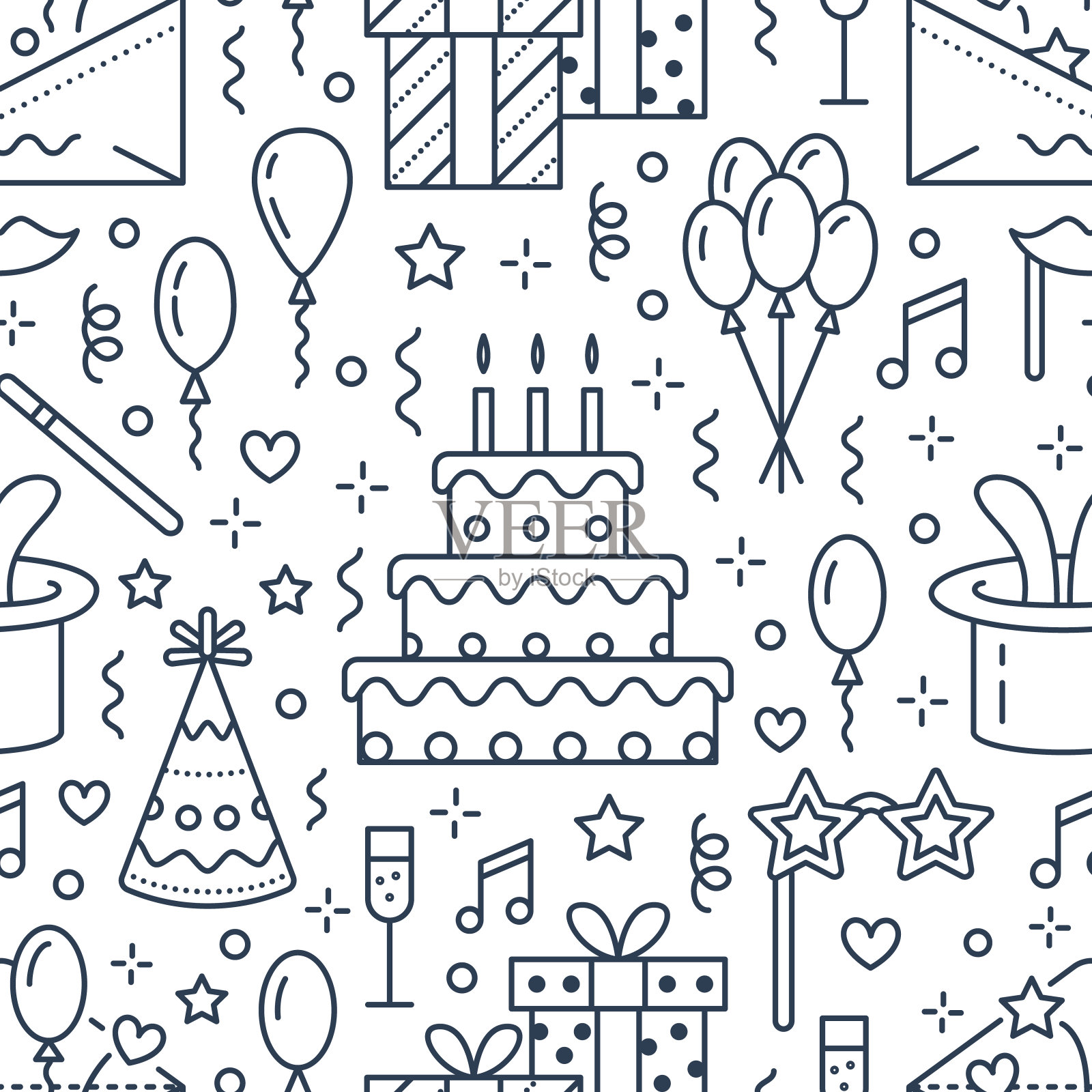 生日派对无缝图案，平线插图。矢量图标的事件代理，婚礼组织-蛋糕，气球，礼物，邀请，儿童娱乐。可爱的重复背景插画图片素材