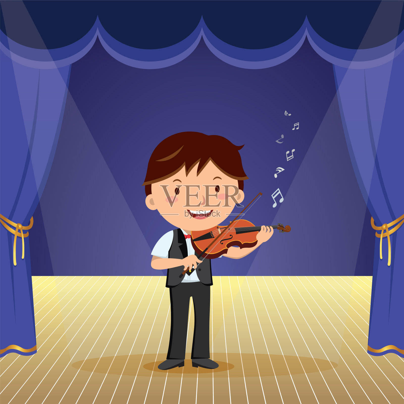 男孩在舞台上拉小提琴插画图片素材